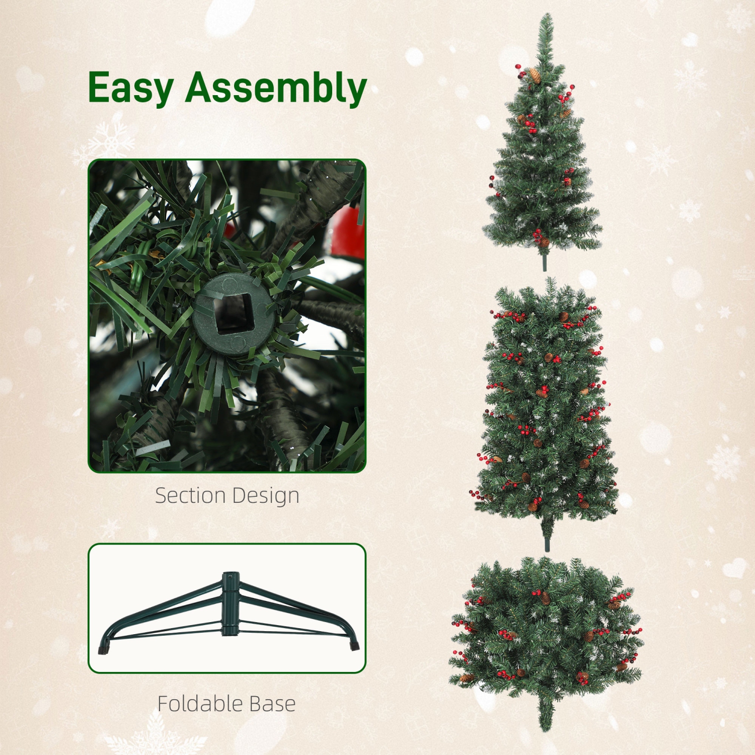 HOMCOM 7 ft Prelit Pencil Christmas Tree with Warm White LEDs, Silver Glitter, Pine Cones, Berry Clusters, Dense Pointed Branches, 8 Light Modes,