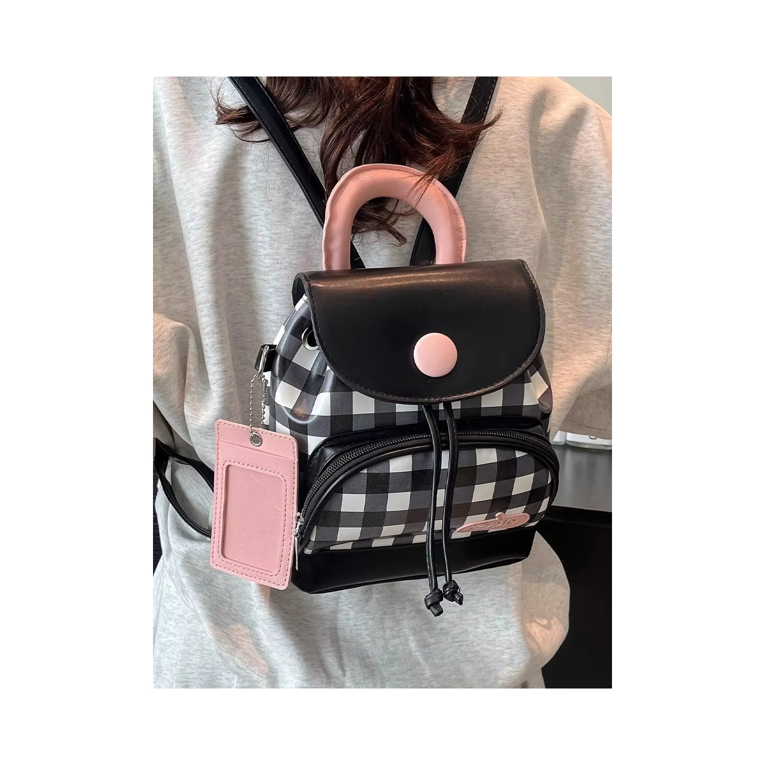 Cute girl student backpack 2025 Spring New contrasting color checkered backpack, high-end texture and fashionable women's bag - Pink
