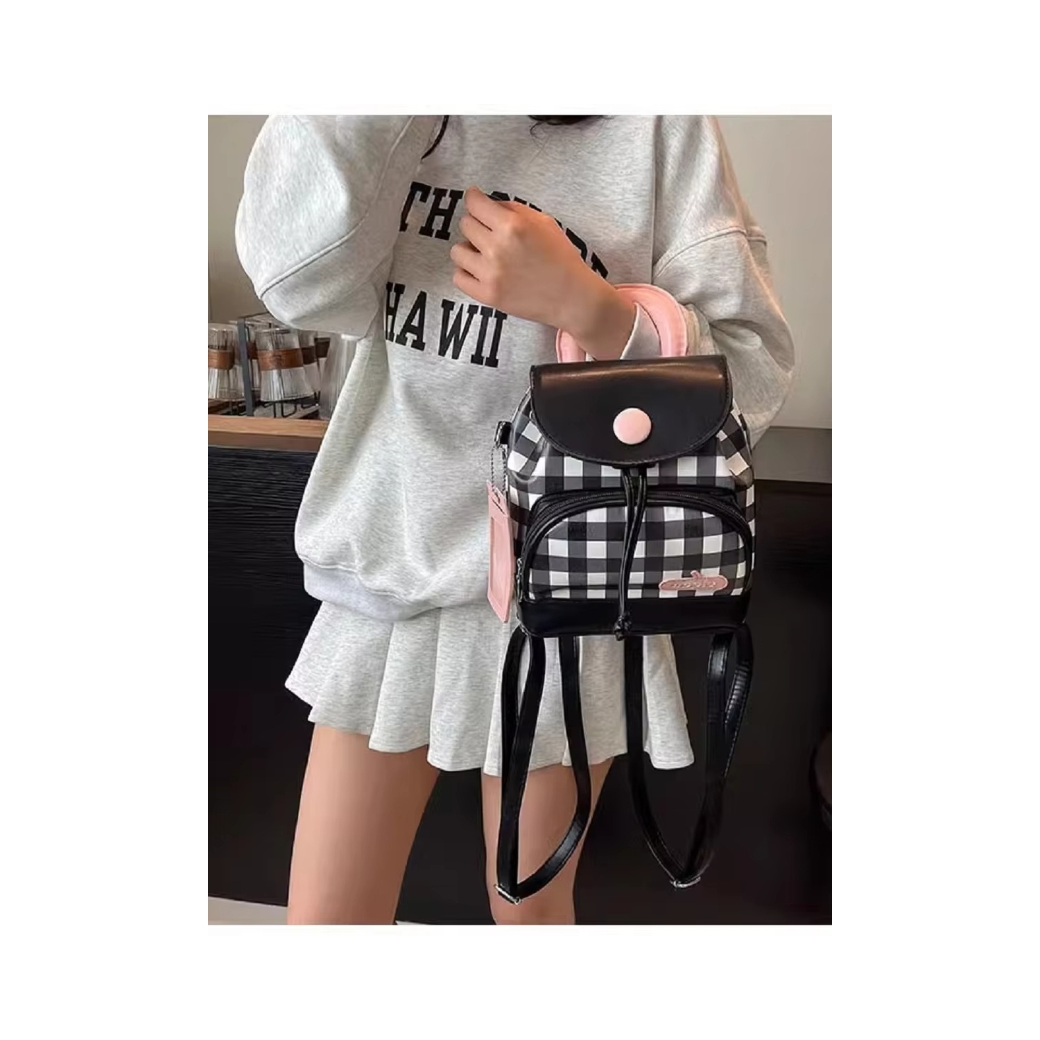Cute girl student backpack 2025 Spring New contrasting color checkered backpack, high-end texture and fashionable women's bag - Pink