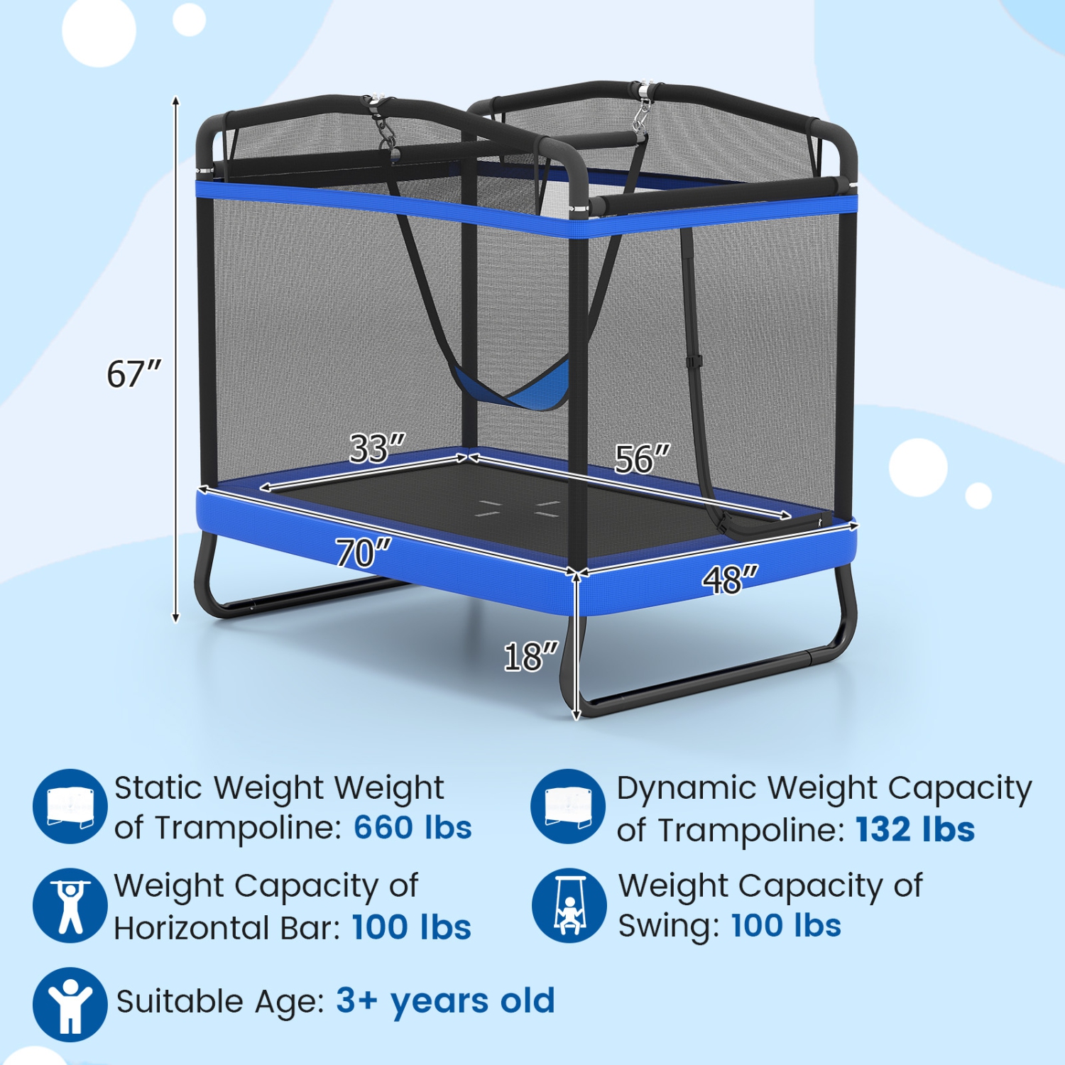 Gymax 6 FT Kids Trampoline w/Swing & Horizontal Bar Safety Enclosure Net