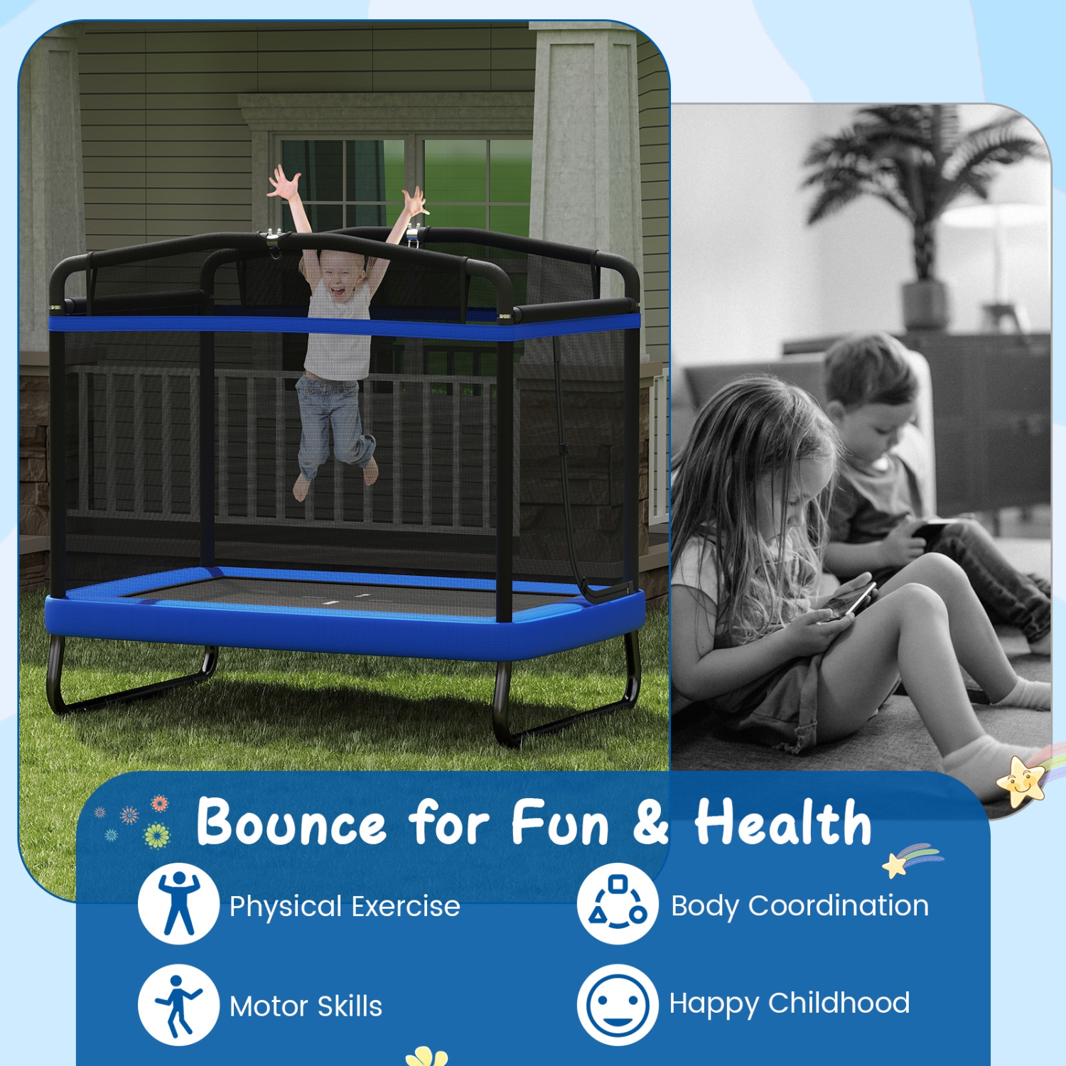 Gymax 6 FT Kids Trampoline w/Swing & Horizontal Bar Safety Enclosure Net