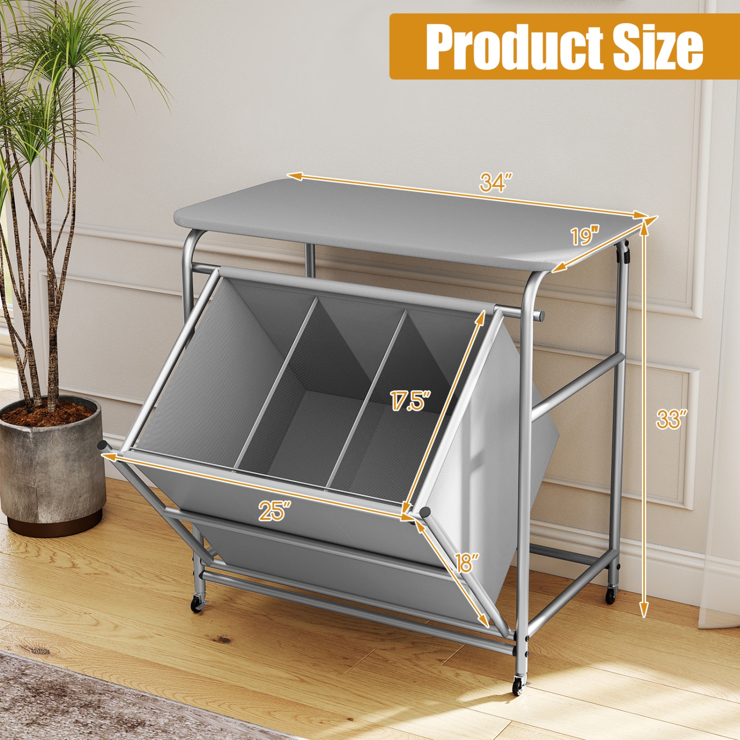 Gymax 3-Section Laundry Sorter w/ Foldable Ironing Board w/ 3 Removable Bags