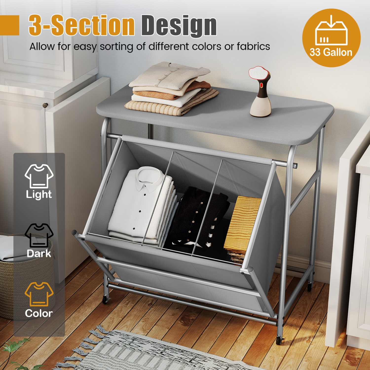 Gymax 3-Section Laundry Sorter w/ Foldable Ironing Board w/ 3 Removable Bags