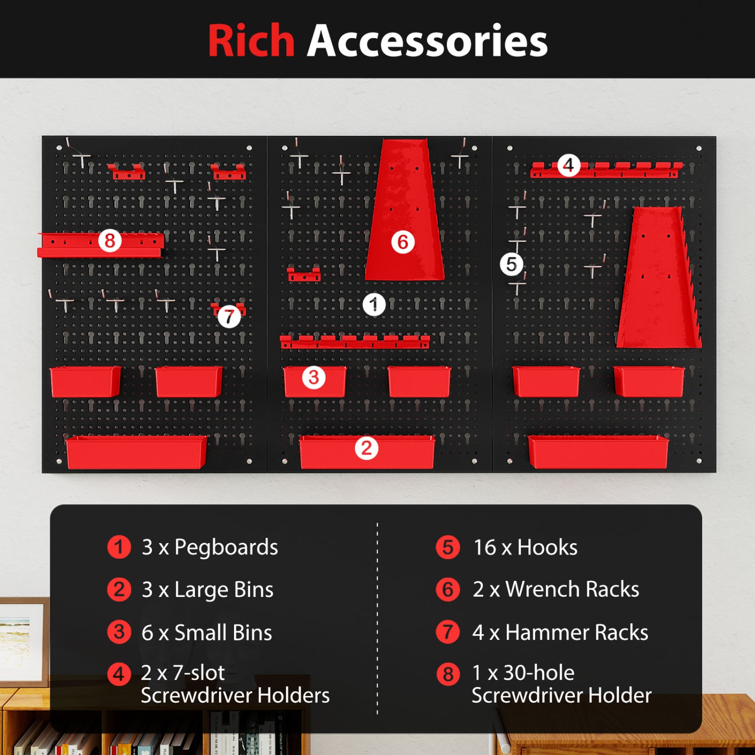 Gymax 9-Bin Parts Rack Organizer Pegboard Wall Organizer w/ Hammer Racks Tool Holders