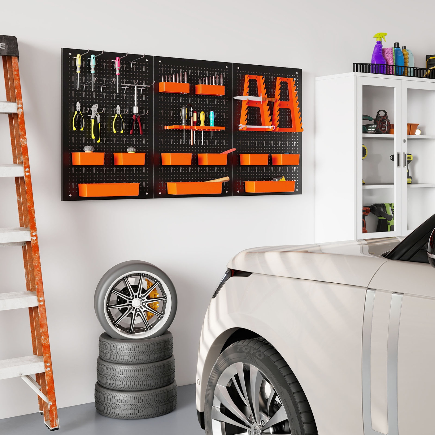 Gymax Pegboard Wall Organizer 9-Bin Parts Rack Organizer w/ Hammer Racks Tool Holders