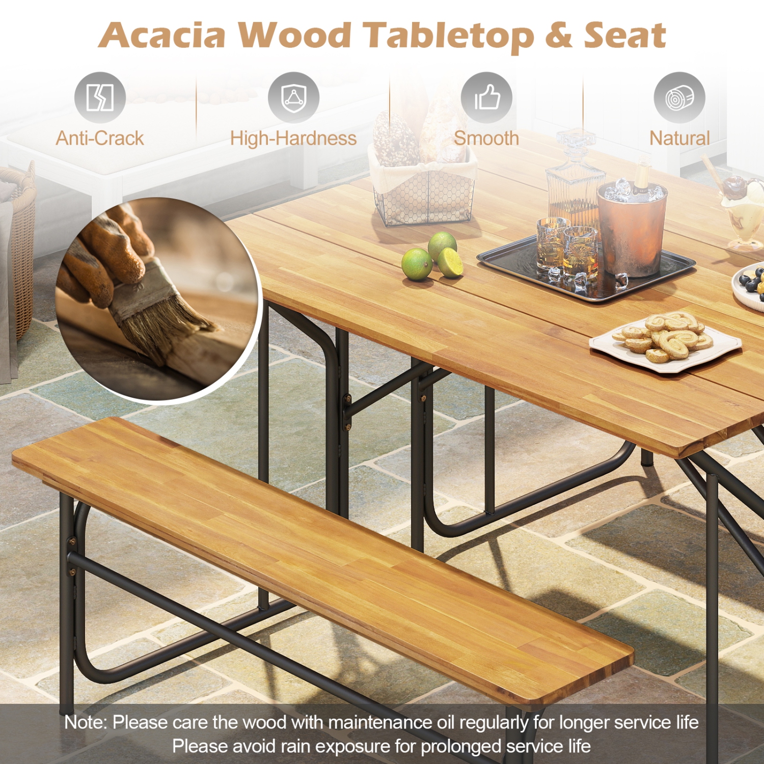 Gymax 2PCS Table Bench Set for 2 Picnic Table & Loveseat w/Acacia Wood Top Metal Legs