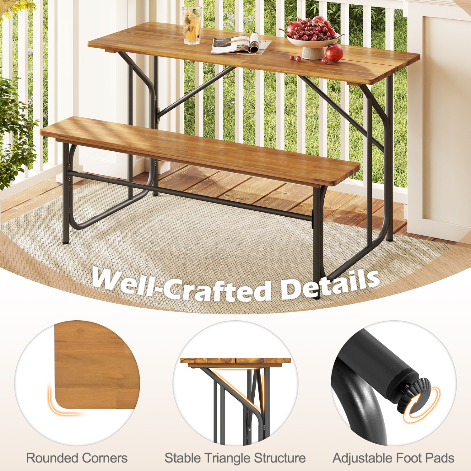 Gymax 2PCS Table Bench Set for 2 Picnic Table & Loveseat w/Acacia Wood Top Metal Legs