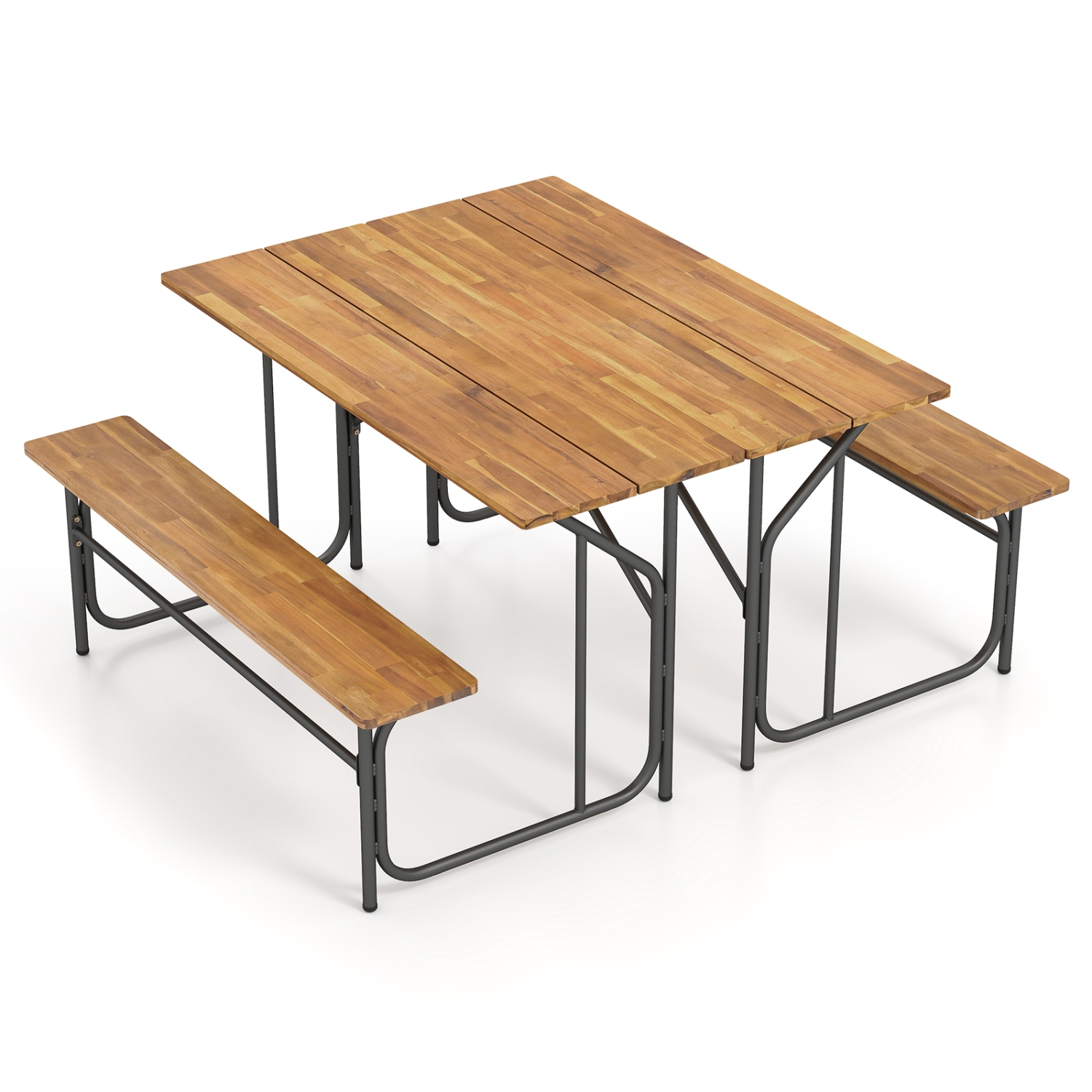 Gymax 2PCS Table Bench Set for 2 Picnic Table & Loveseat w/Acacia Wood Top Metal Legs