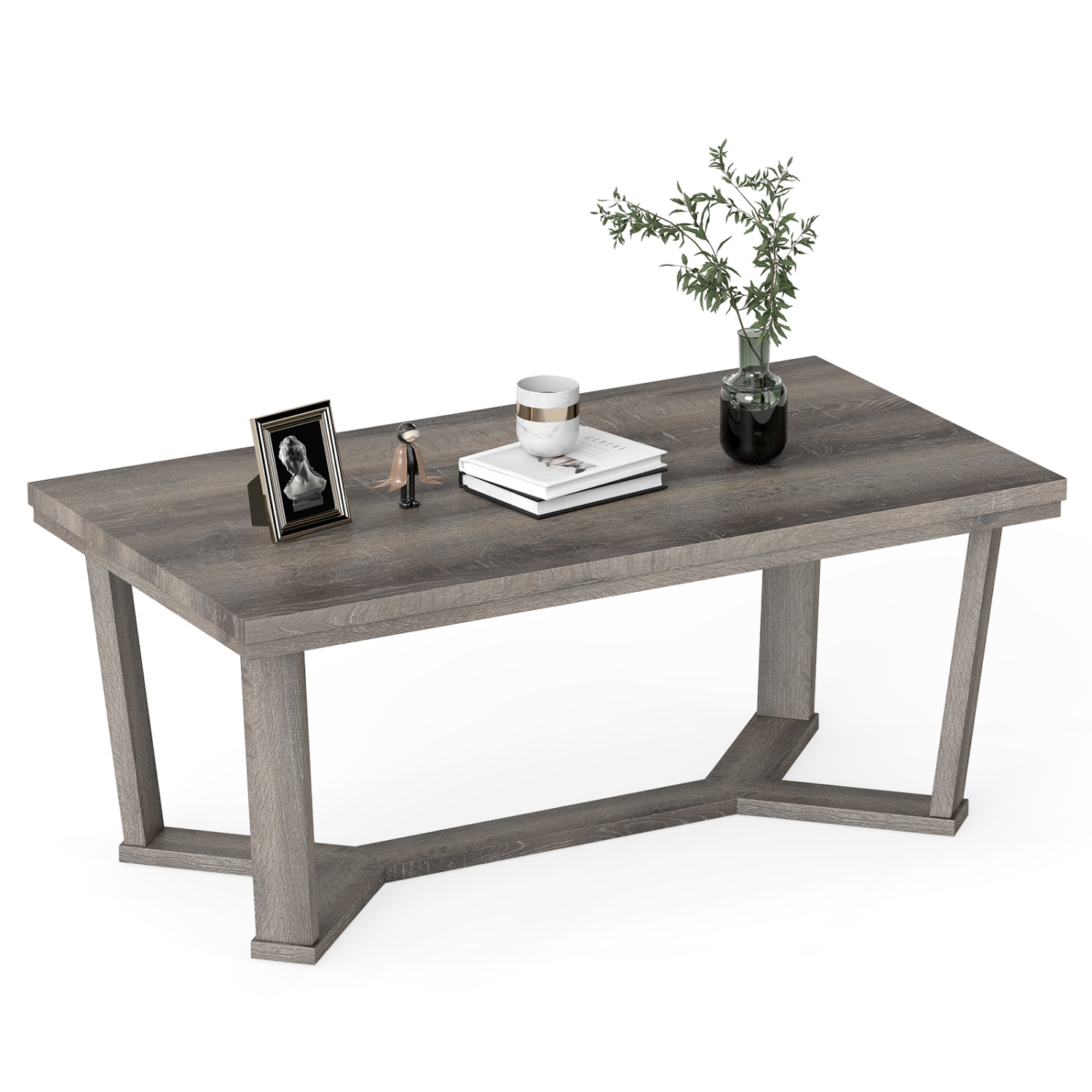 Gymax Coffee Table Solid Rubber Wood Center Table w/ Cross-Shaped Base Accent Table