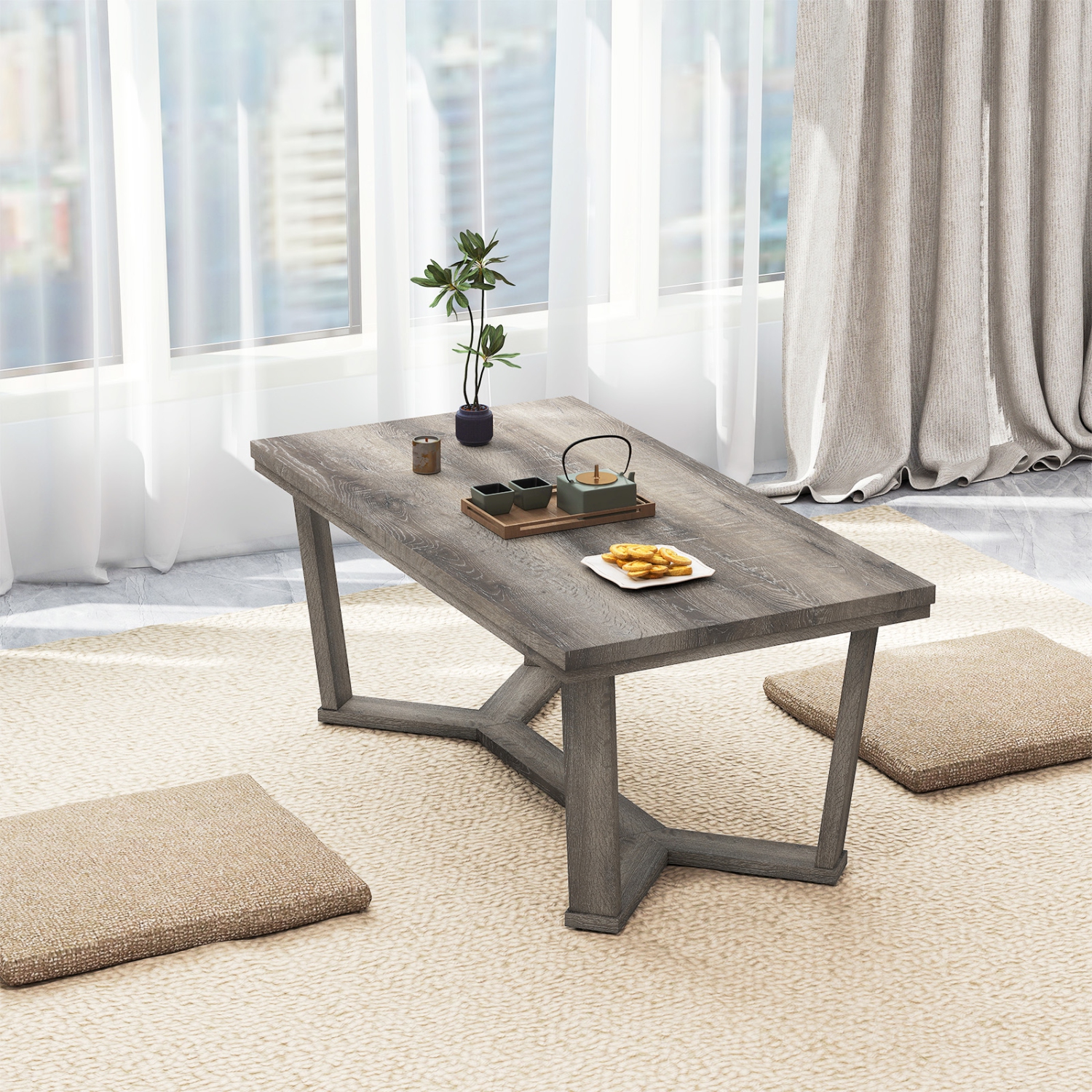 Gymax Coffee Table Solid Rubber Wood Center Table w/ Cross-Shaped Base Accent Table