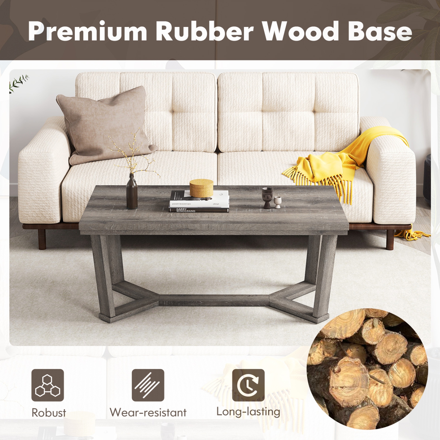 Gymax Coffee Table Solid Rubber Wood Center Table w/ Cross-Shaped Base Accent Table