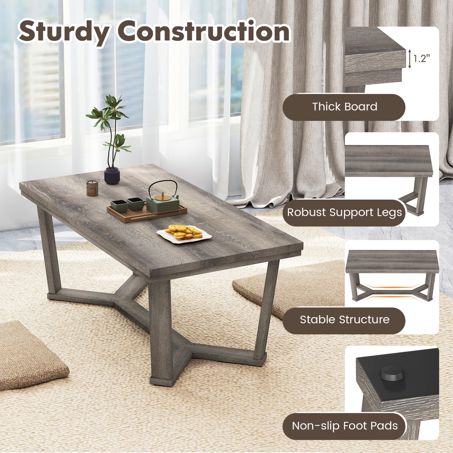 Gymax Coffee Table Solid Rubber Wood Center Table w/ Cross-Shaped Base Accent Table