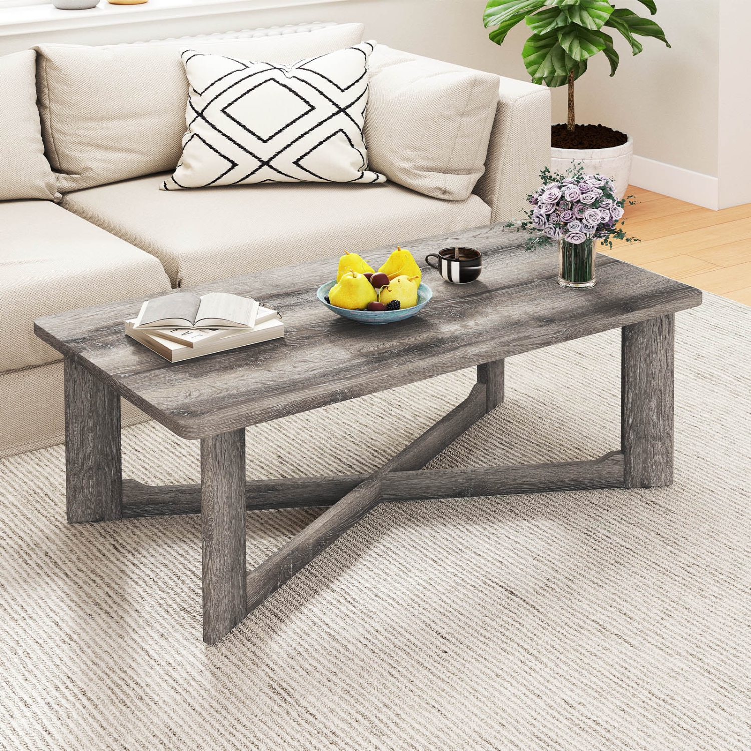 Gymax Coffee Table Solid Rubber Wood Center Table w/ X-Shaped Base for Living Room