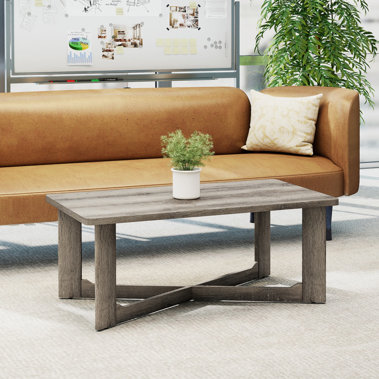 Gymax Coffee Table Solid Rubber Wood Center Table w/ X-Shaped Base for Living Room