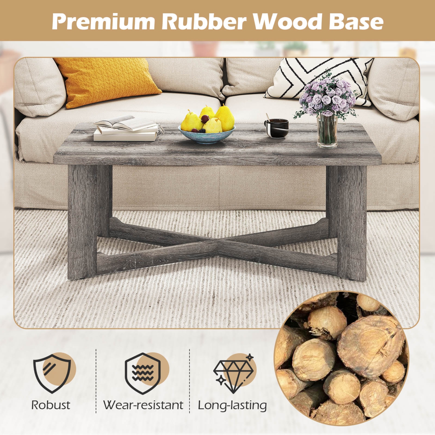 Gymax Coffee Table Solid Rubber Wood Center Table w/ X-Shaped Base for Living Room