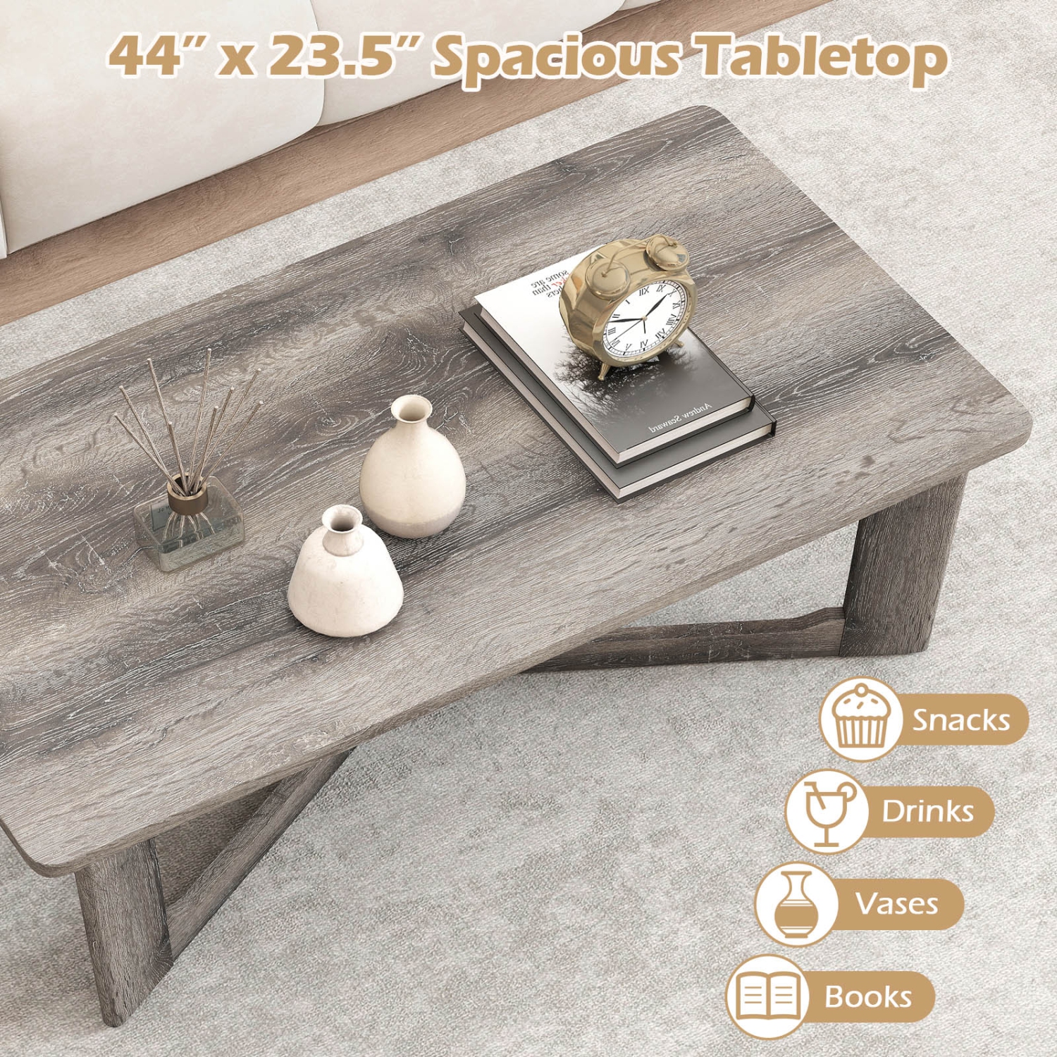 Gymax Coffee Table Solid Rubber Wood Center Table w/ X-Shaped Base for Living Room