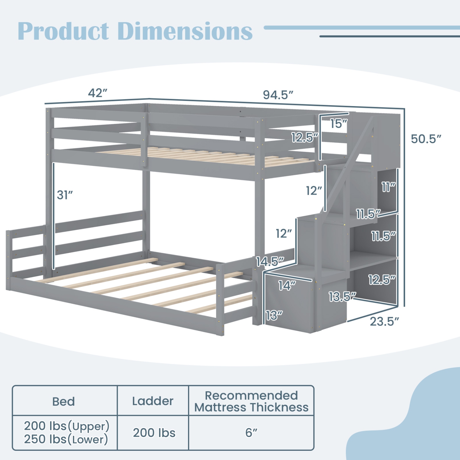 Gymax Twin Over Full Low Bunk Bed w/ Storage Stairs Full-length Guardrails