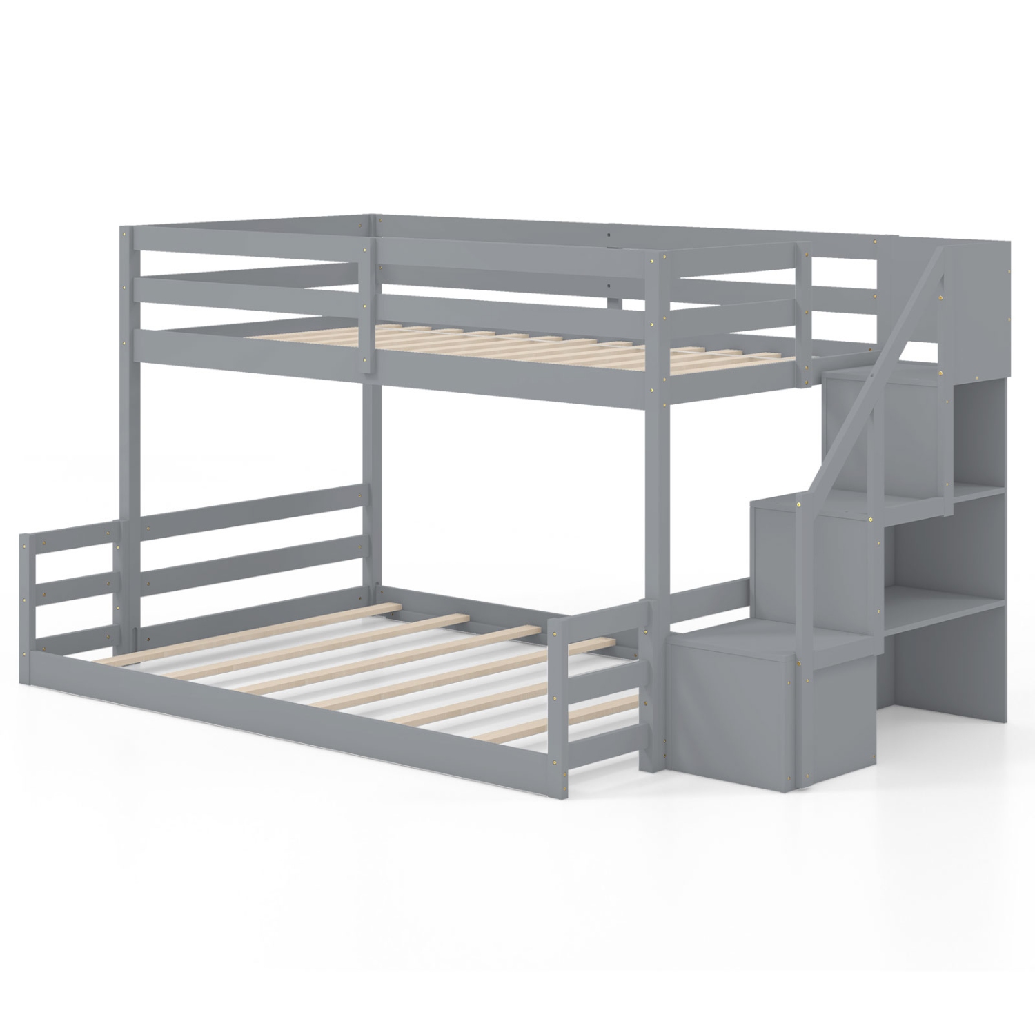 Gymax Twin Over Full Low Bunk Bed w/ Storage Stairs Full-length Guardrails