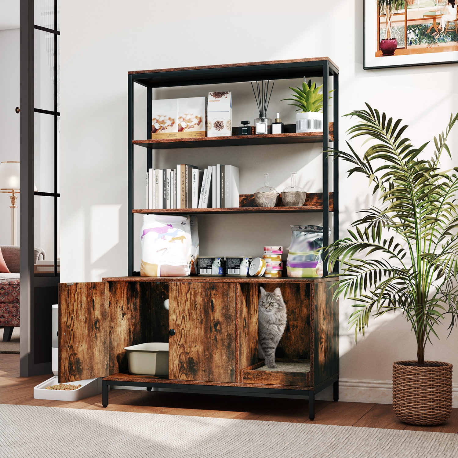 Gymax 57'' Cat Litter Box Enclosure w/ Storage 2-tier Shelves Removable Scratcher