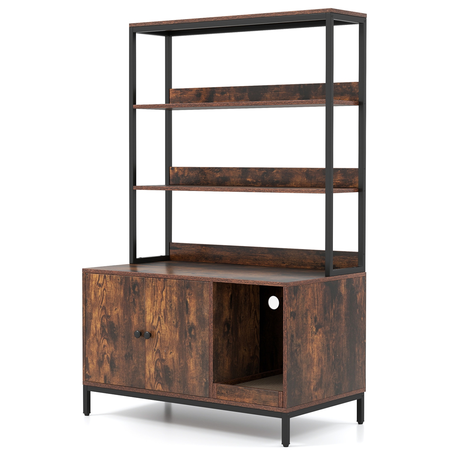 Gymax 57'' Cat Litter Box Enclosure w/ Storage 2-tier Shelves Removable Scratcher