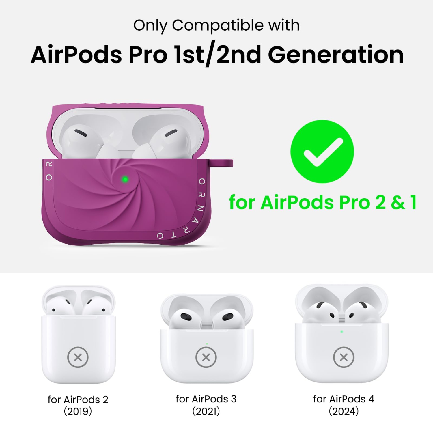 Étui Vortuxe d'Ornarto pour AirPods Pro 2 et 1 – 2X MIL-STD, protection contre les chutes, étui antichoc en silicone liquide avec mousqueton, étui