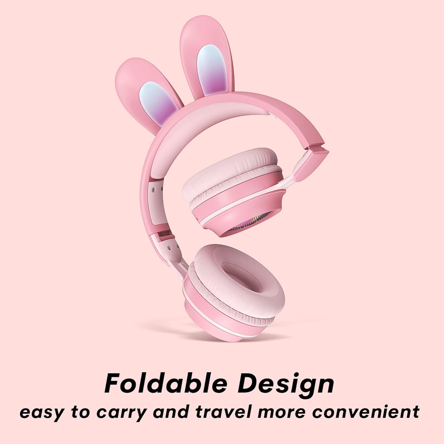 Casque de jeu sans fil à suppression du bruit lumineuse pour filles et enfants de Rabbit Ear, idéal pour l'école et les voyages - bleu