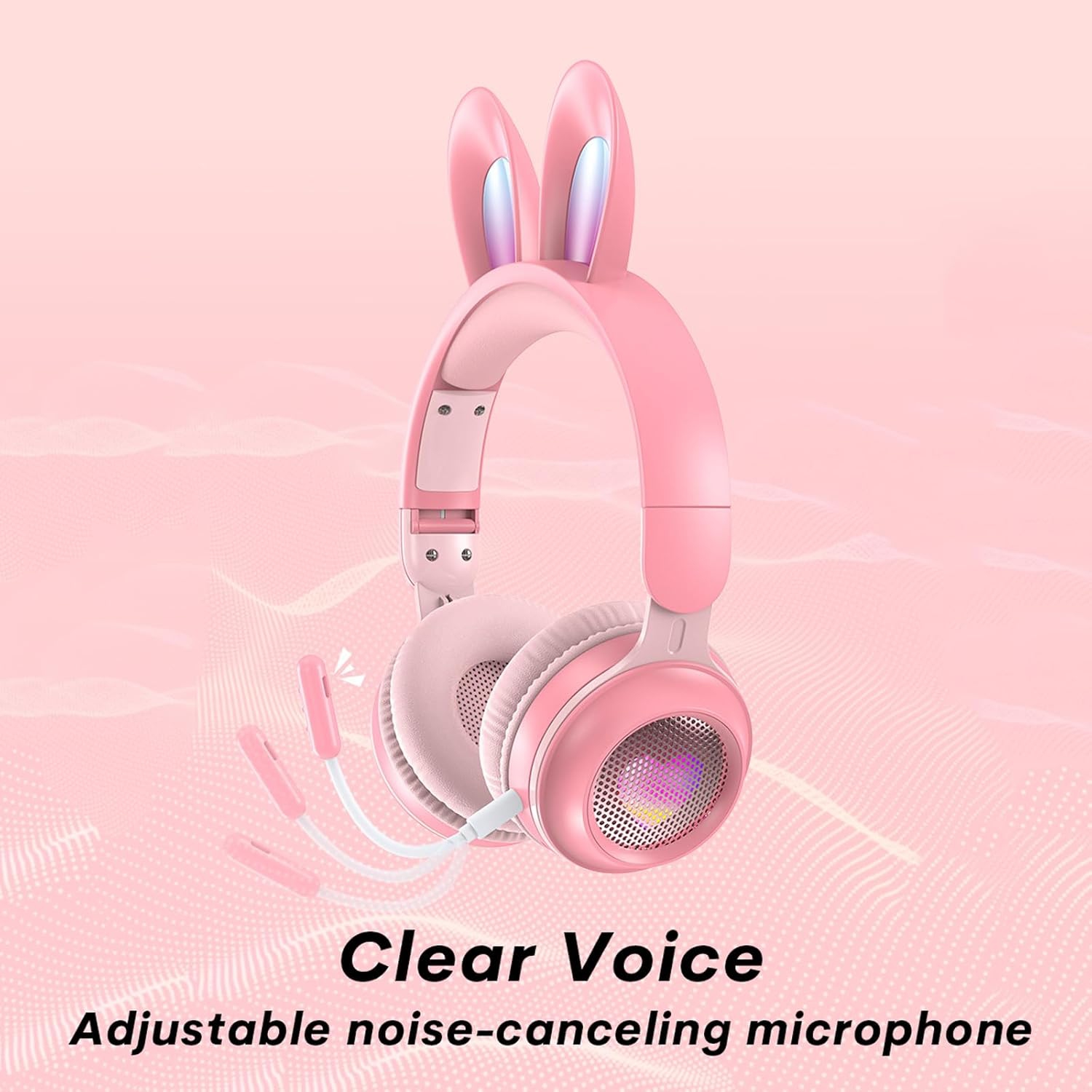 Casque de jeu sans fil à suppression du bruit lumineuse pour filles et enfants de Rabbit Ear, idéal pour l'école et les voyages - bleu