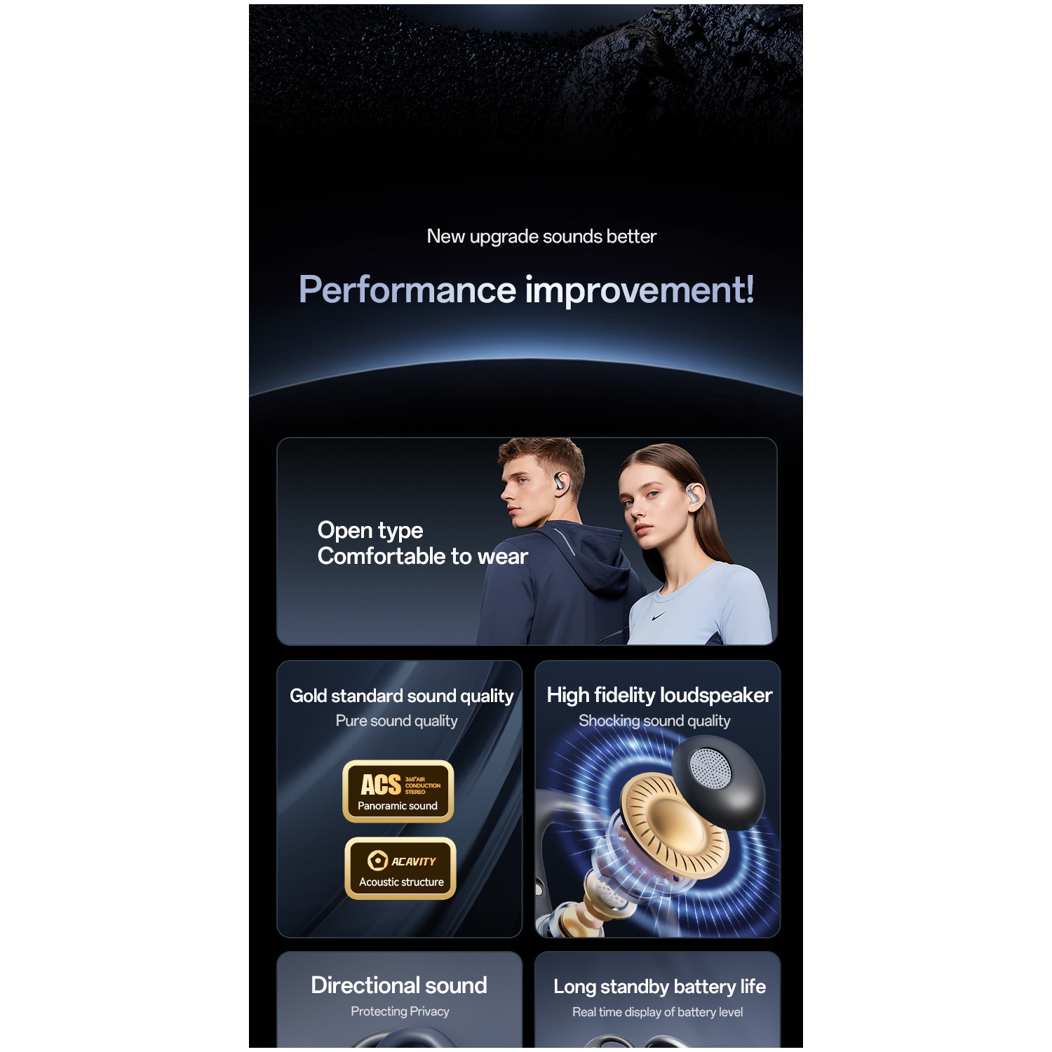 Nouveau casque d'écoute Bluetooth OWS avec double écran numérique, haute qualité sonore, réduction du bruit et longue autonomie de batterie - noir