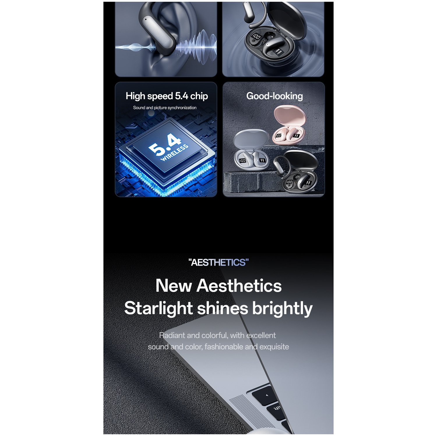 Nouveau casque d'écoute Bluetooth OWS avec double écran numérique, haute qualité sonore, réduction du bruit et longue autonomie de batterie - noir