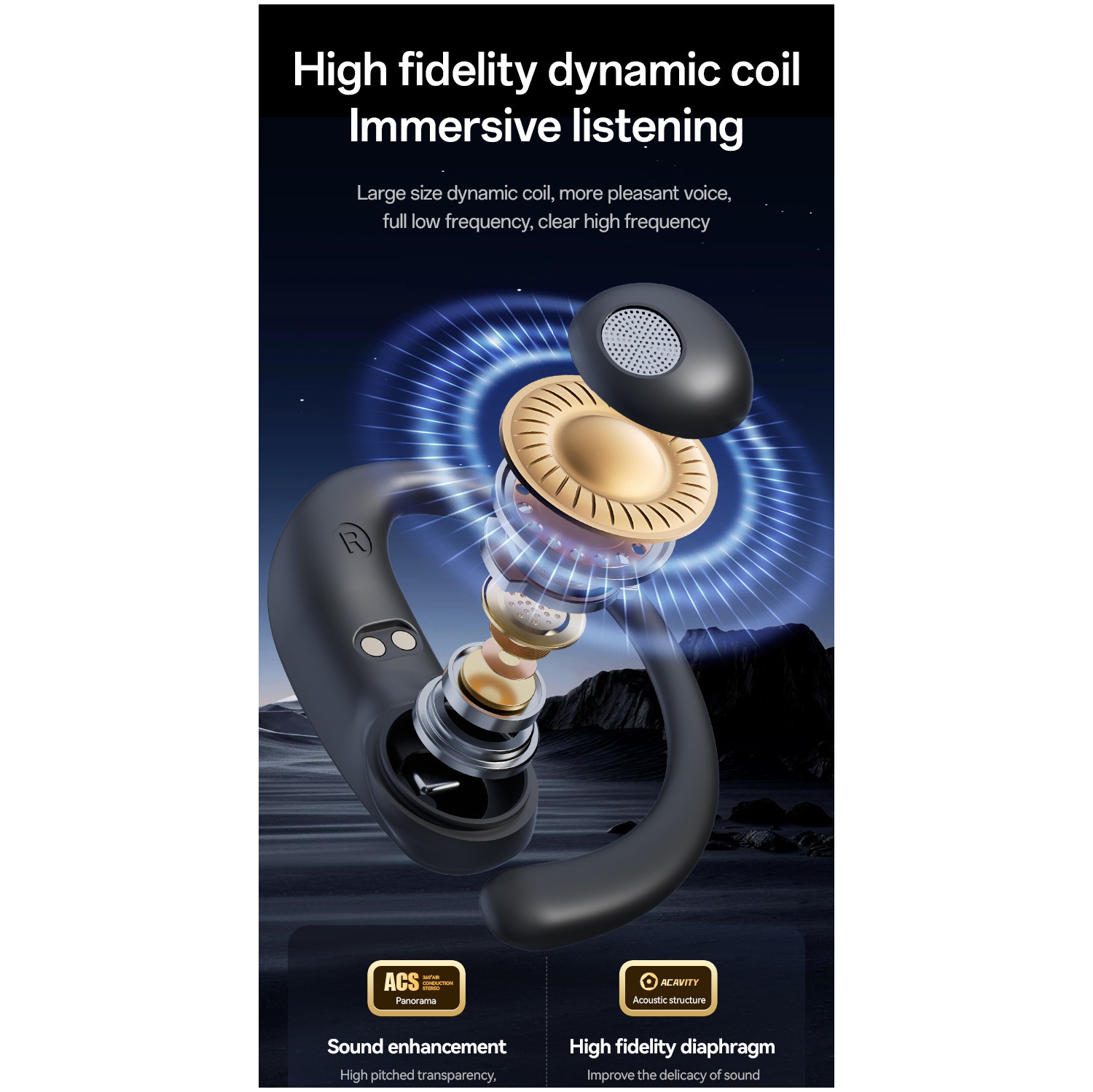 Nouveau casque d'écoute Bluetooth OWS avec double écran numérique, haute qualité sonore, réduction du bruit et longue autonomie de batterie - noir