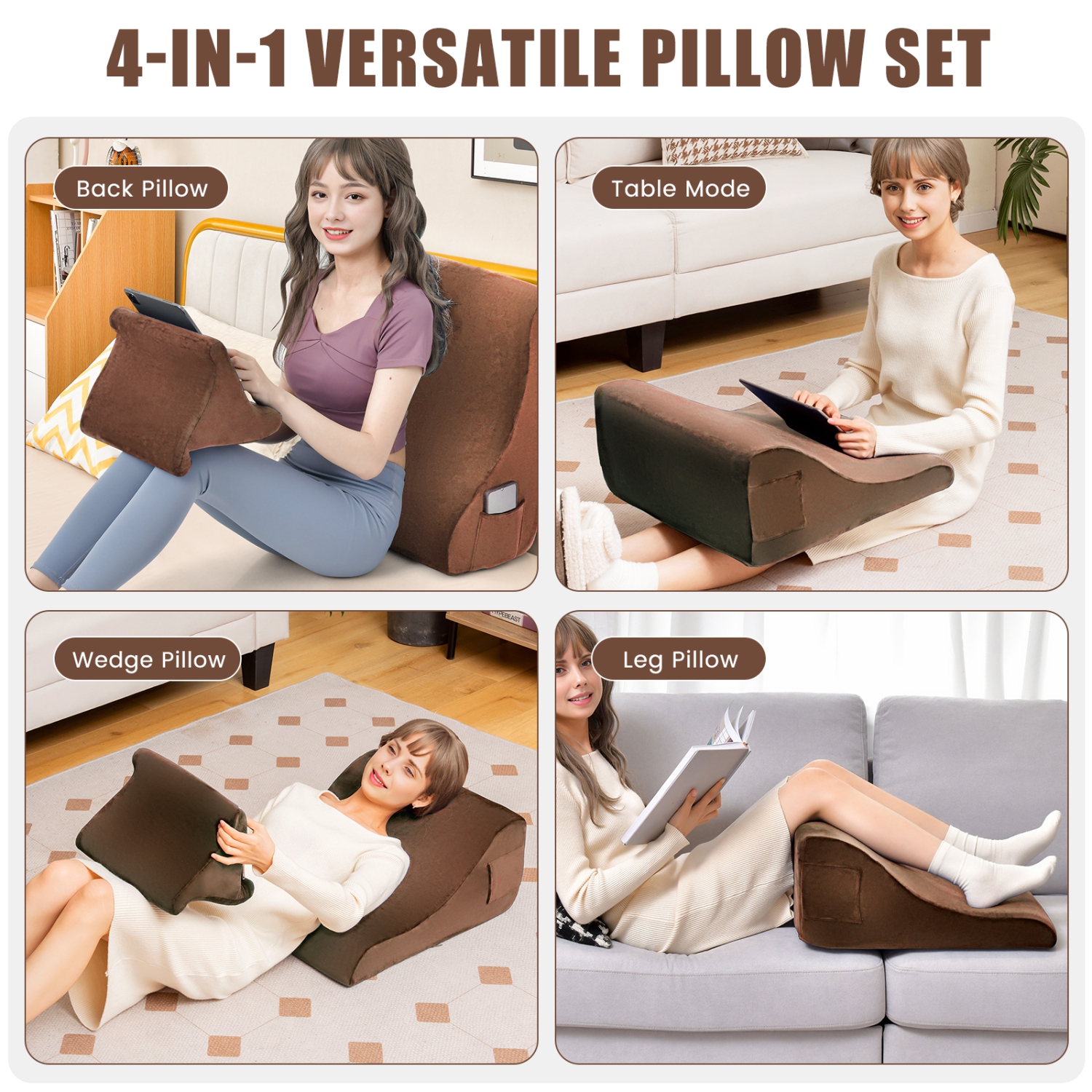 Coussin de lit avec support intégré pour tablette et pochettes latérales pratiques