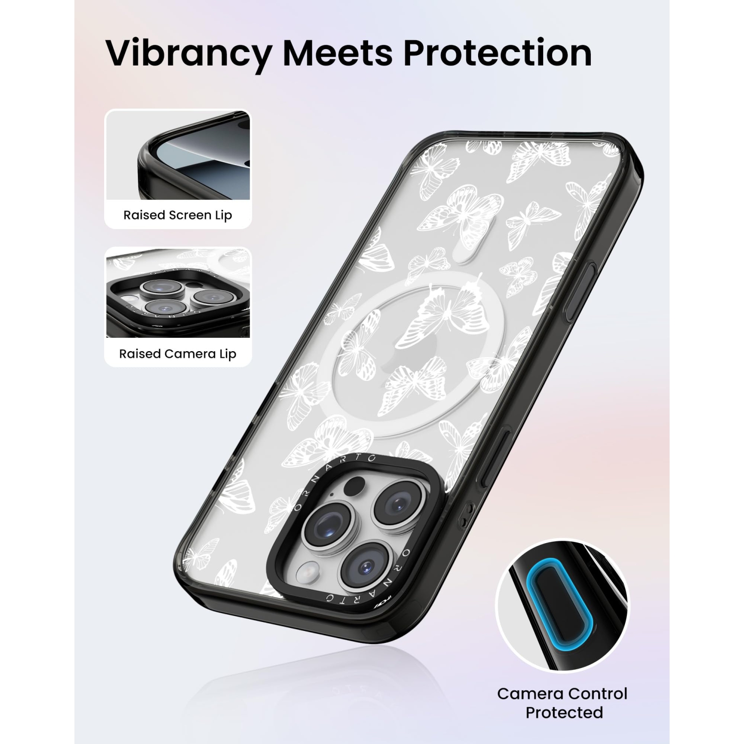 Étui ORNARTO pour iPhone 16 Pro de 6,3&nbsp;po avec commande de caméra, compatible avec MagSafe, couverture de protection transparente avec motif