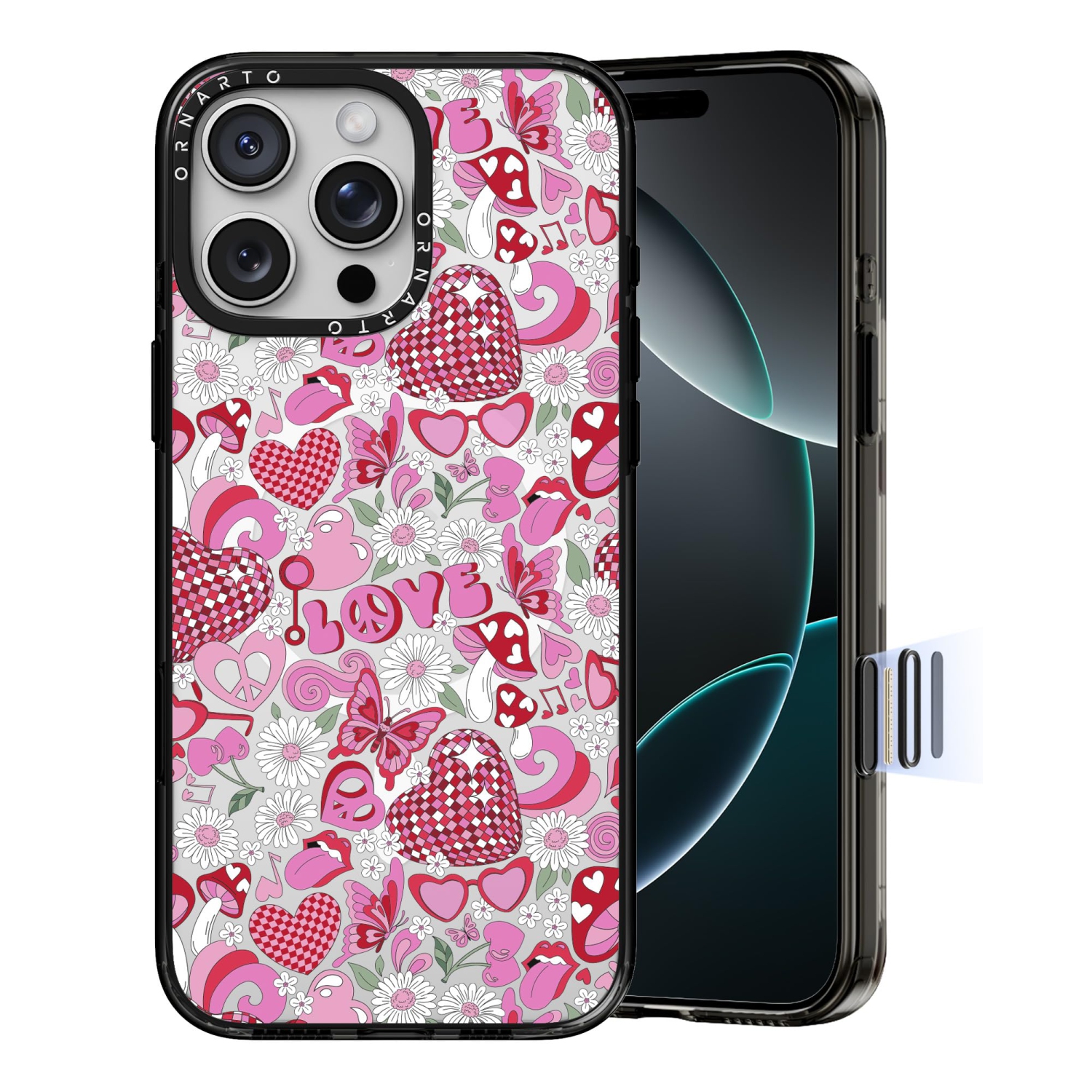 Étui ORNARTO pour iPhone 16 Pro de 6,3&nbsp;po avec commande de caméra, compatible avec MagSafe, couverture de protection transparente avec motif