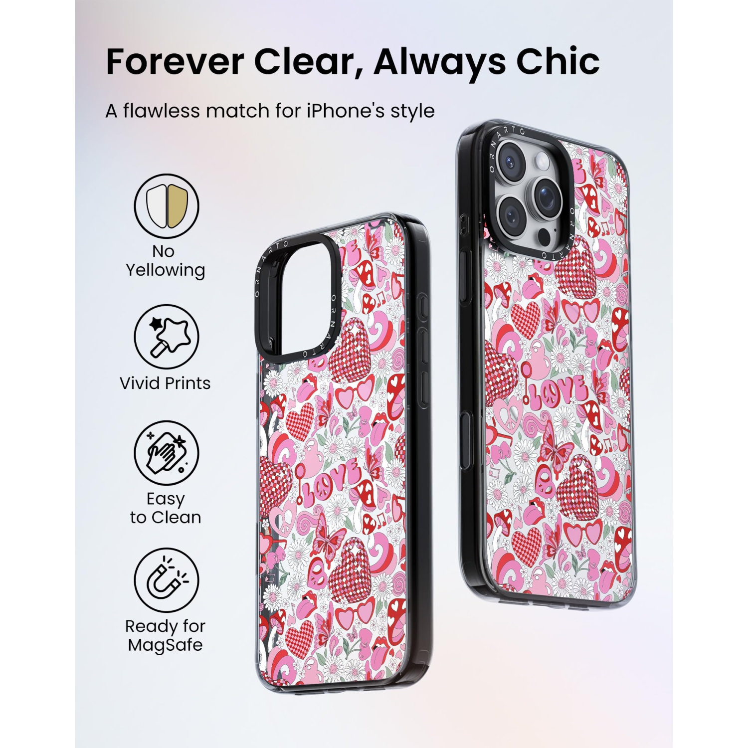 Étui ORNARTO pour iPhone 16 Pro de 6,3&nbsp;po avec commande de caméra, compatible avec MagSafe, couverture de protection transparente avec motif