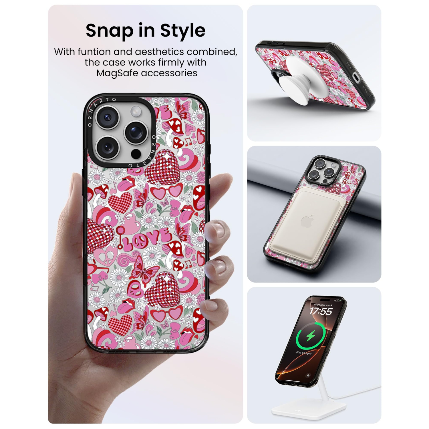 Étui ORNARTO pour iPhone 16 Pro de 6,3&nbsp;po avec commande de caméra, compatible avec MagSafe, couverture de protection transparente avec motif