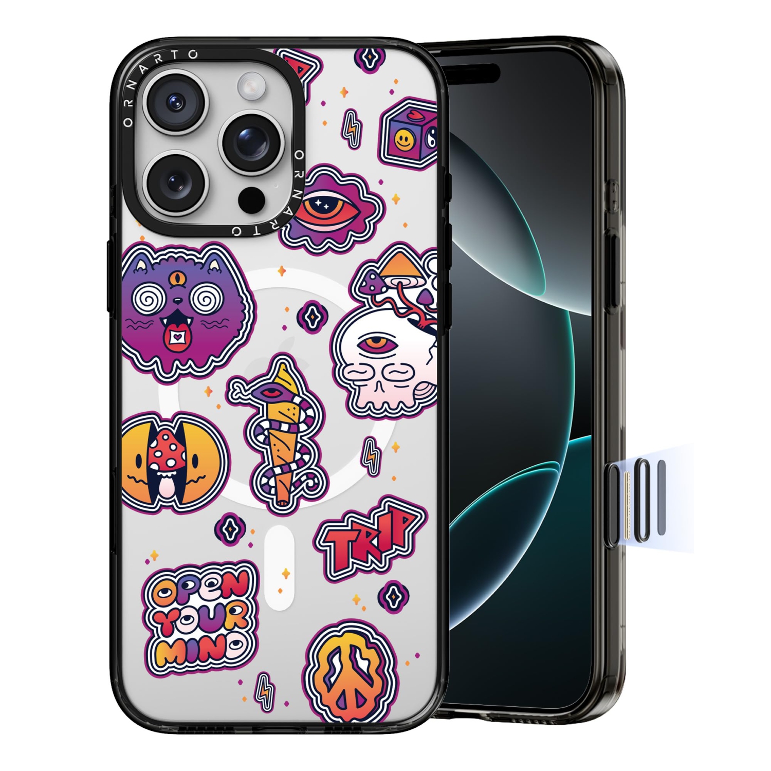 Étui ORNARTO pour iPhone 16 Pro de 6,3&nbsp;po avec commande de caméra, compatible avec MagSafe, couverture de protection transparente avec motif