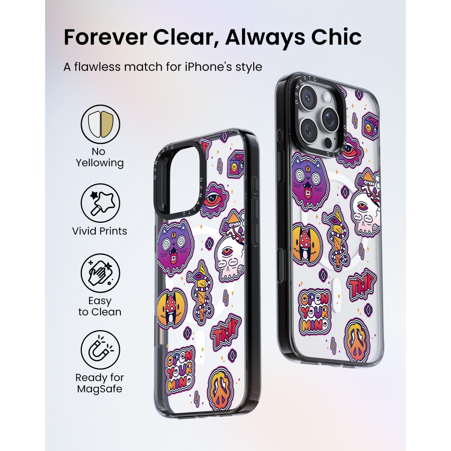 Étui ORNARTO pour iPhone 16 Pro de 6,3&nbsp;po avec commande de caméra, compatible avec MagSafe, couverture de protection transparente avec motif