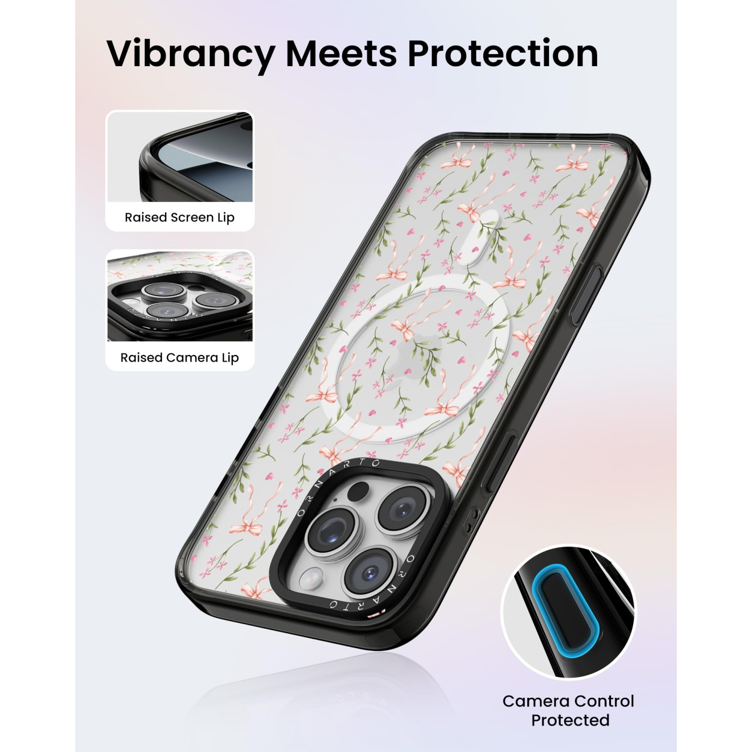 Étui ORNARTO pour iPhone 16 Pro de 6,3&nbsp;po avec commande de caméra, compatible avec MagSafe, couverture de protection transparente avec motif