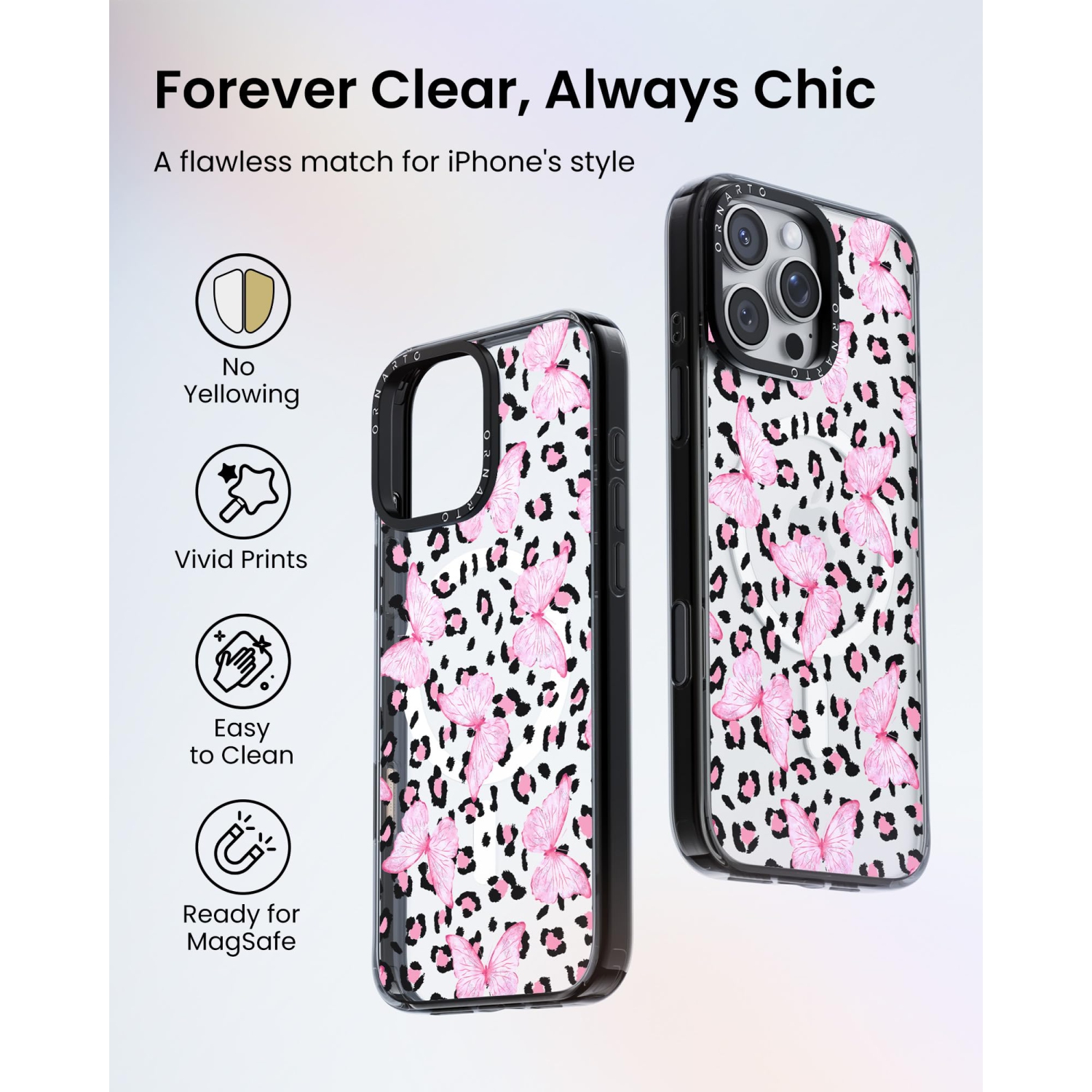 Étui ORNARTO pour iPhone 16 Pro de 6,3&nbsp;po avec commande de caméra, compatible avec MagSafe, couverture de protection transparente avec motif