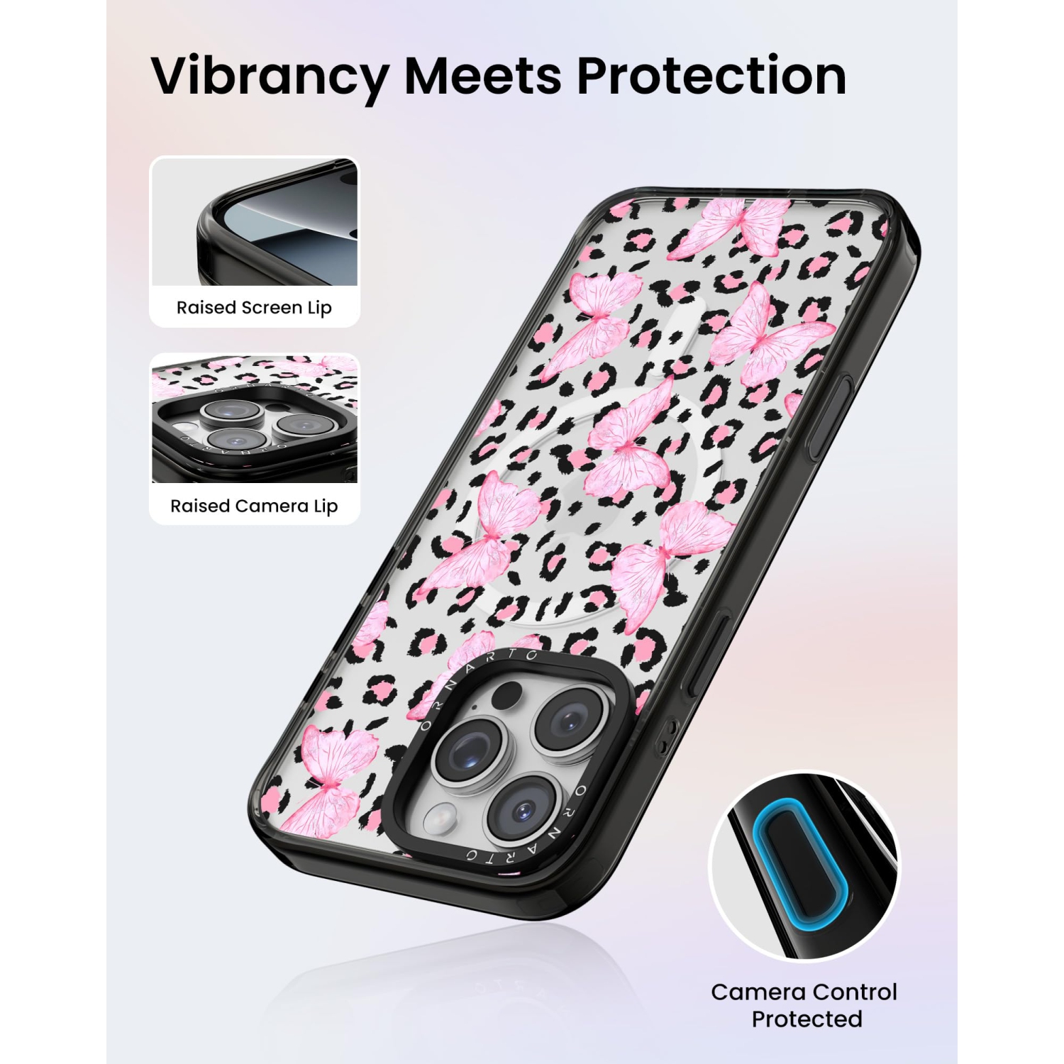 Étui ORNARTO pour iPhone 16 Pro de 6,3&nbsp;po avec commande de caméra, compatible avec MagSafe, couverture de protection transparente avec motif