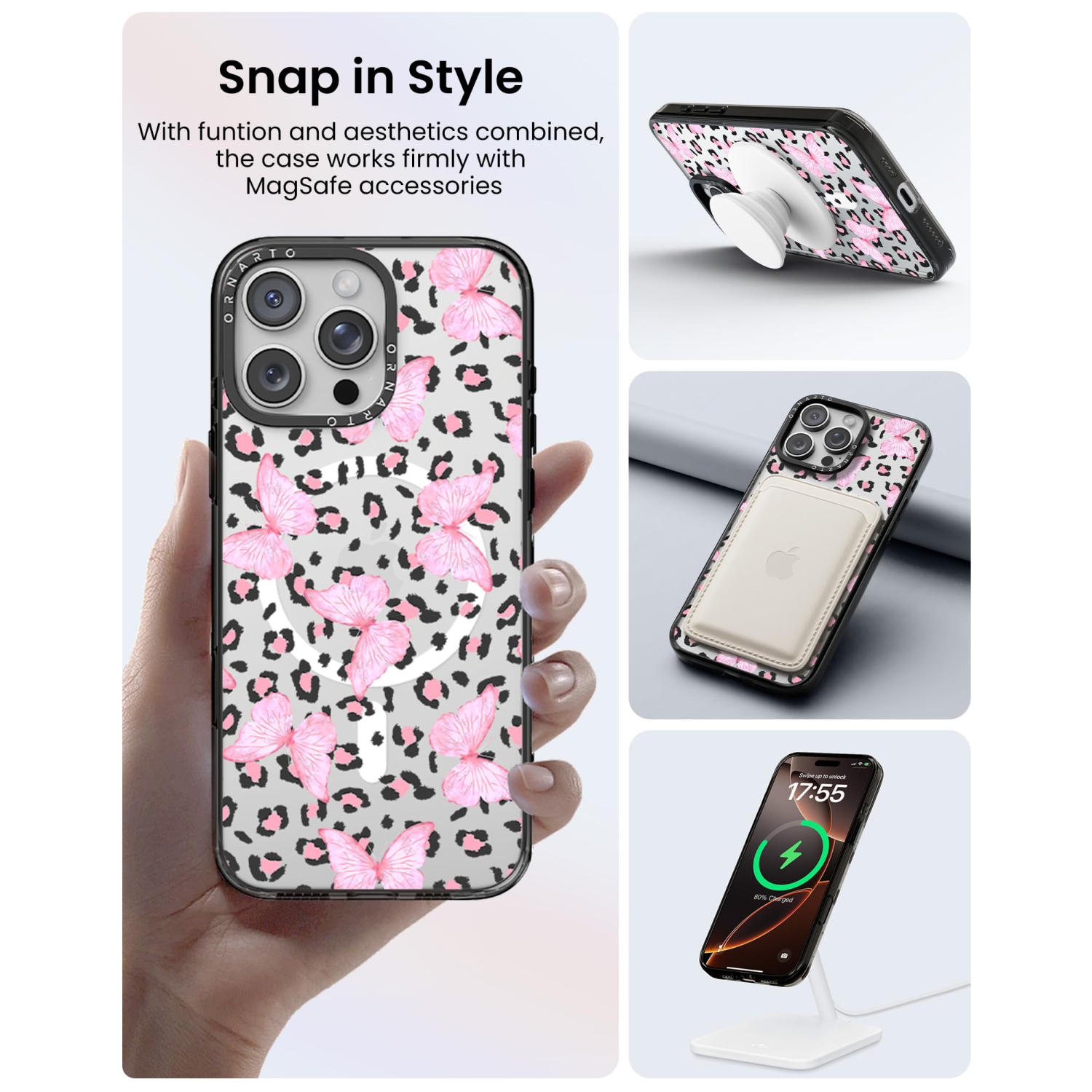 Étui ORNARTO pour iPhone 16 Pro de 6,3&nbsp;po avec commande de caméra, compatible avec MagSafe, couverture de protection transparente avec motif