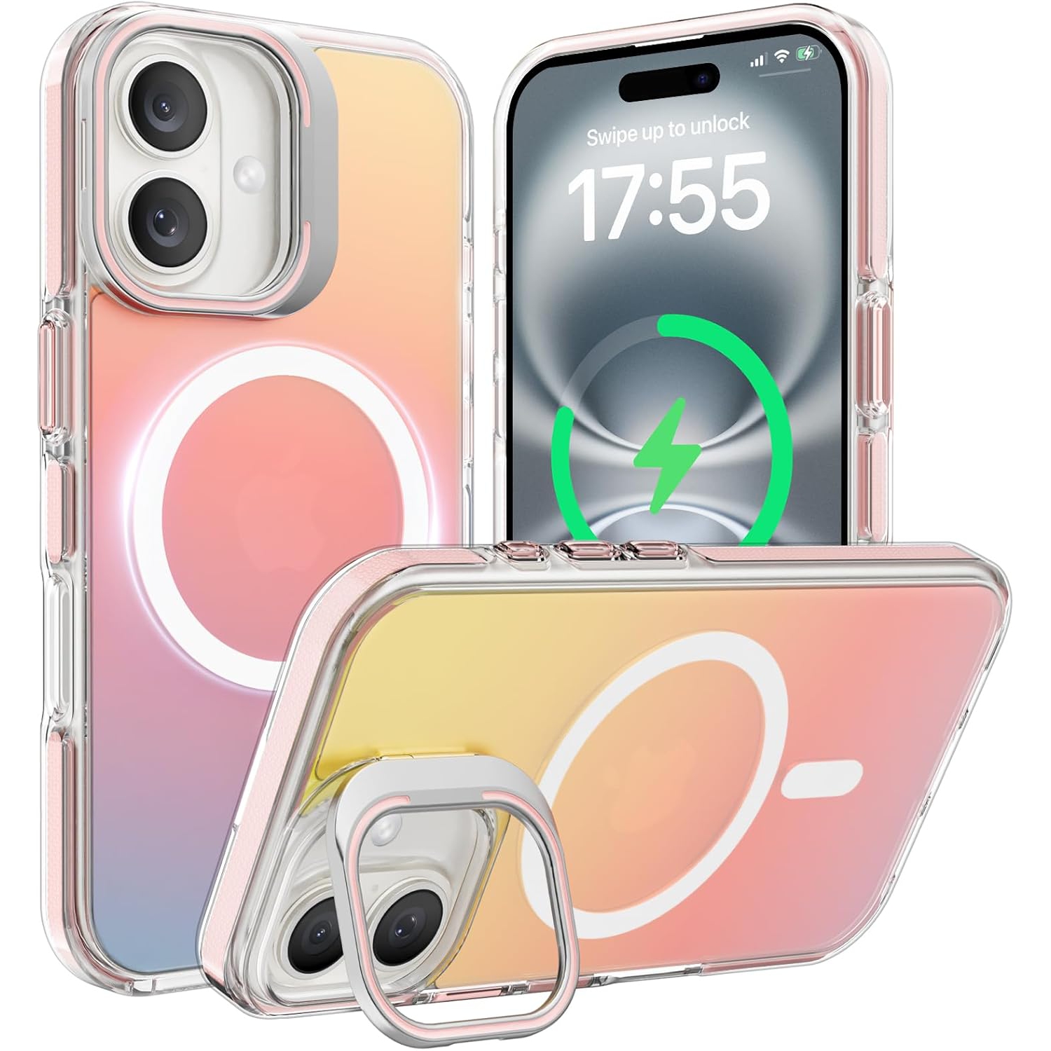 ORNARTO for iPhone 16 Case, Built-in Stash Stand Phone Case Compatible with MagSafe,Holographic Iridescent Cover,Shockproof Protective Magnetic Case