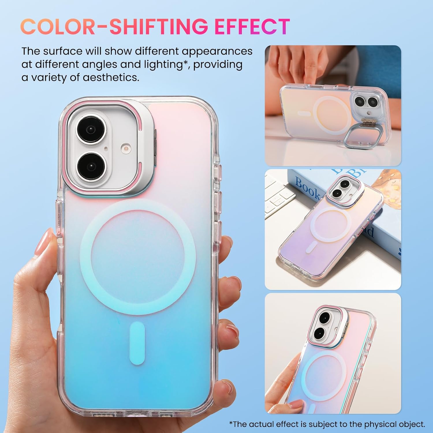 ORNARTO for iPhone 16 Case, Built-in Stash Stand Phone Case Compatible with MagSafe,Holographic Iridescent Cover,Shockproof Protective Magnetic Case