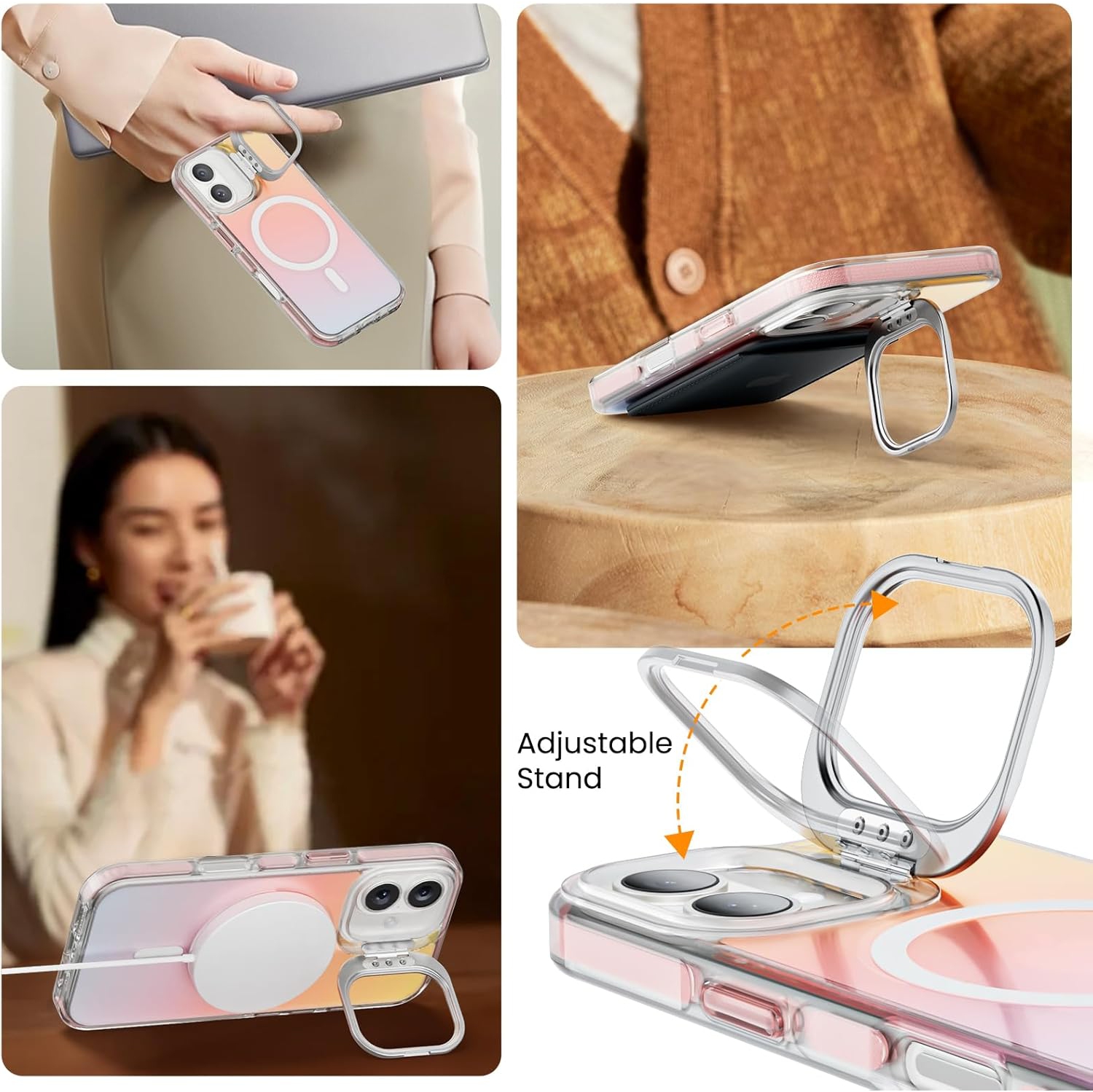 ORNARTO for iPhone 16 Case, Built-in Stash Stand Phone Case Compatible with MagSafe,Holographic Iridescent Cover,Shockproof Protective Magnetic Case