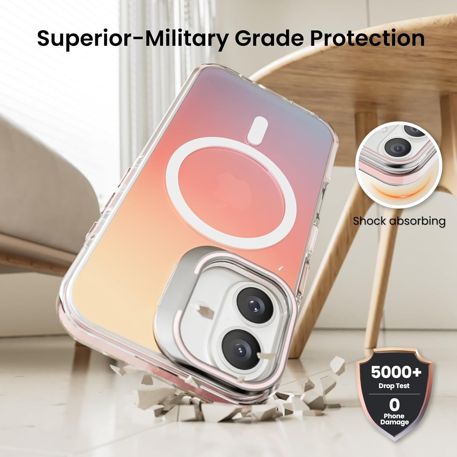 ORNARTO for iPhone 16 Case, Built-in Stash Stand Phone Case Compatible with MagSafe,Holographic Iridescent Cover,Shockproof Protective Magnetic Case