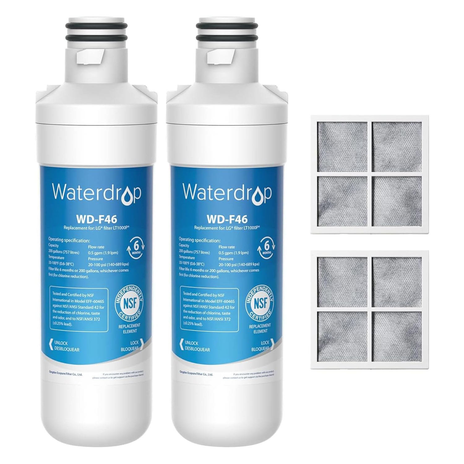 Filtre à eau et filtre à air pour réfrigérateur LT1000PC ADQ747935 de Waterdrop, remplacement pour LG® LT1000P®, LMXS28626S, LFXS26973S, LFXS26596S,