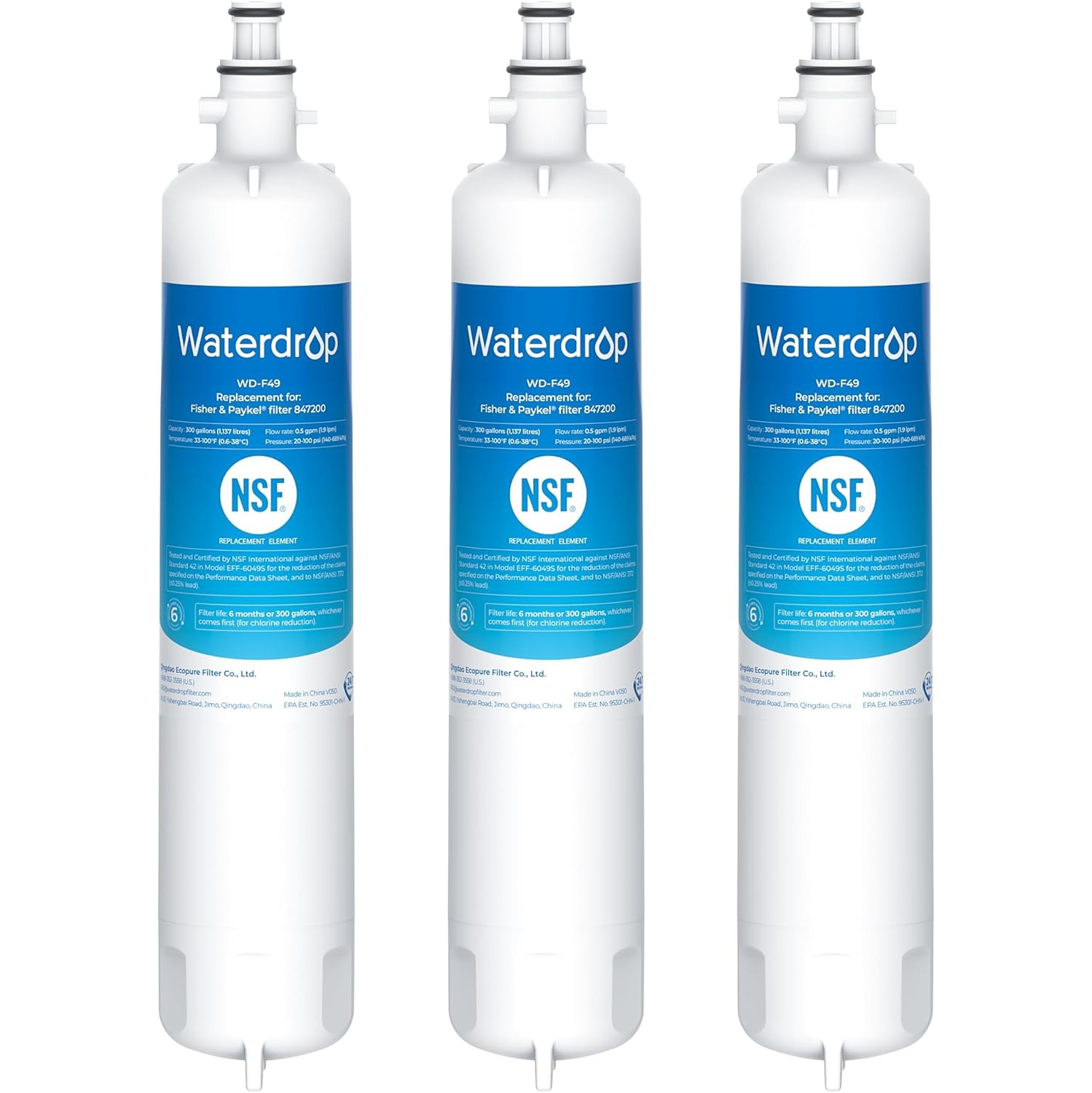 Waterdrop 847200 Refrigerator Water Filter Replacement for Fisher & Paykel Water Filter 847200, 3 Filters