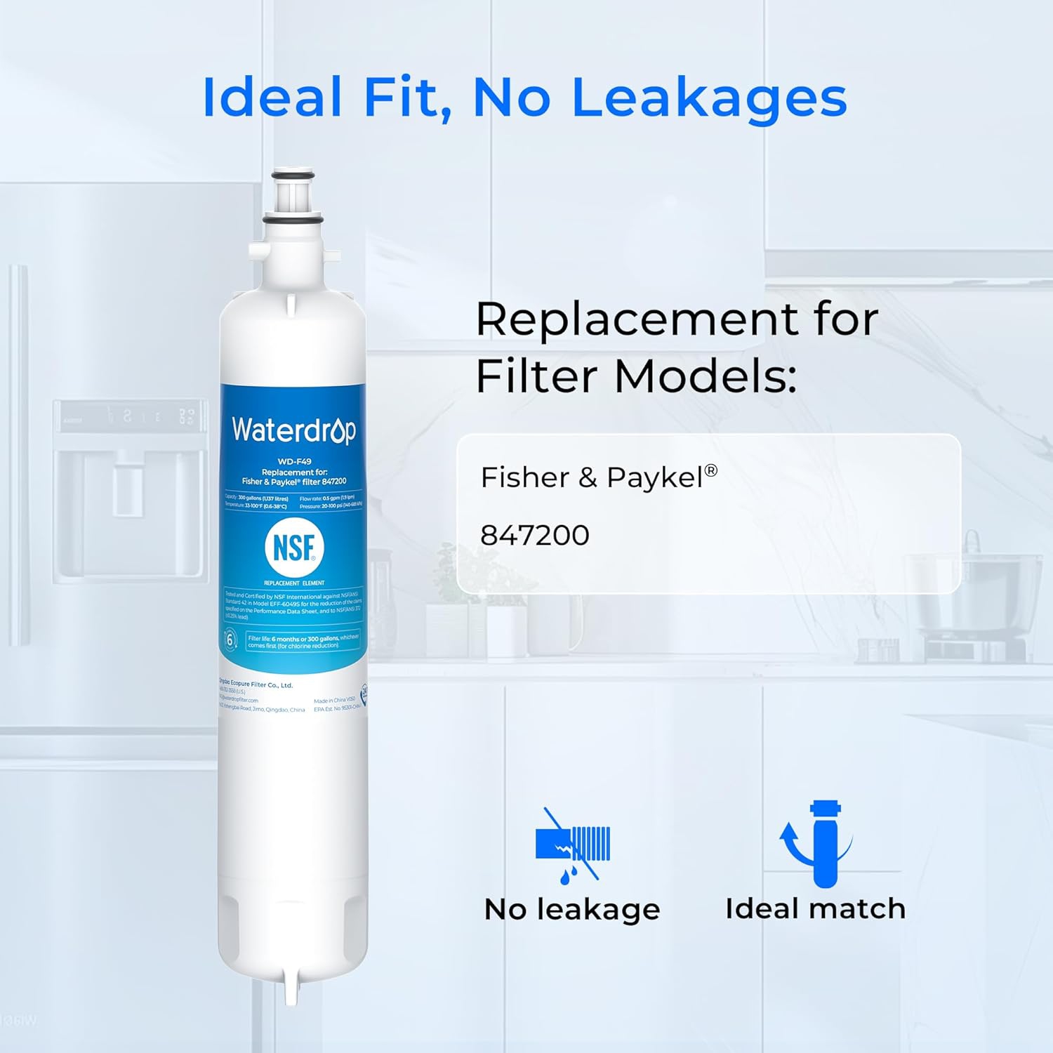 Waterdrop 847200 Refrigerator Water Filter Replacement for Fisher & Paykel Water Filter 847200, 3 Filters