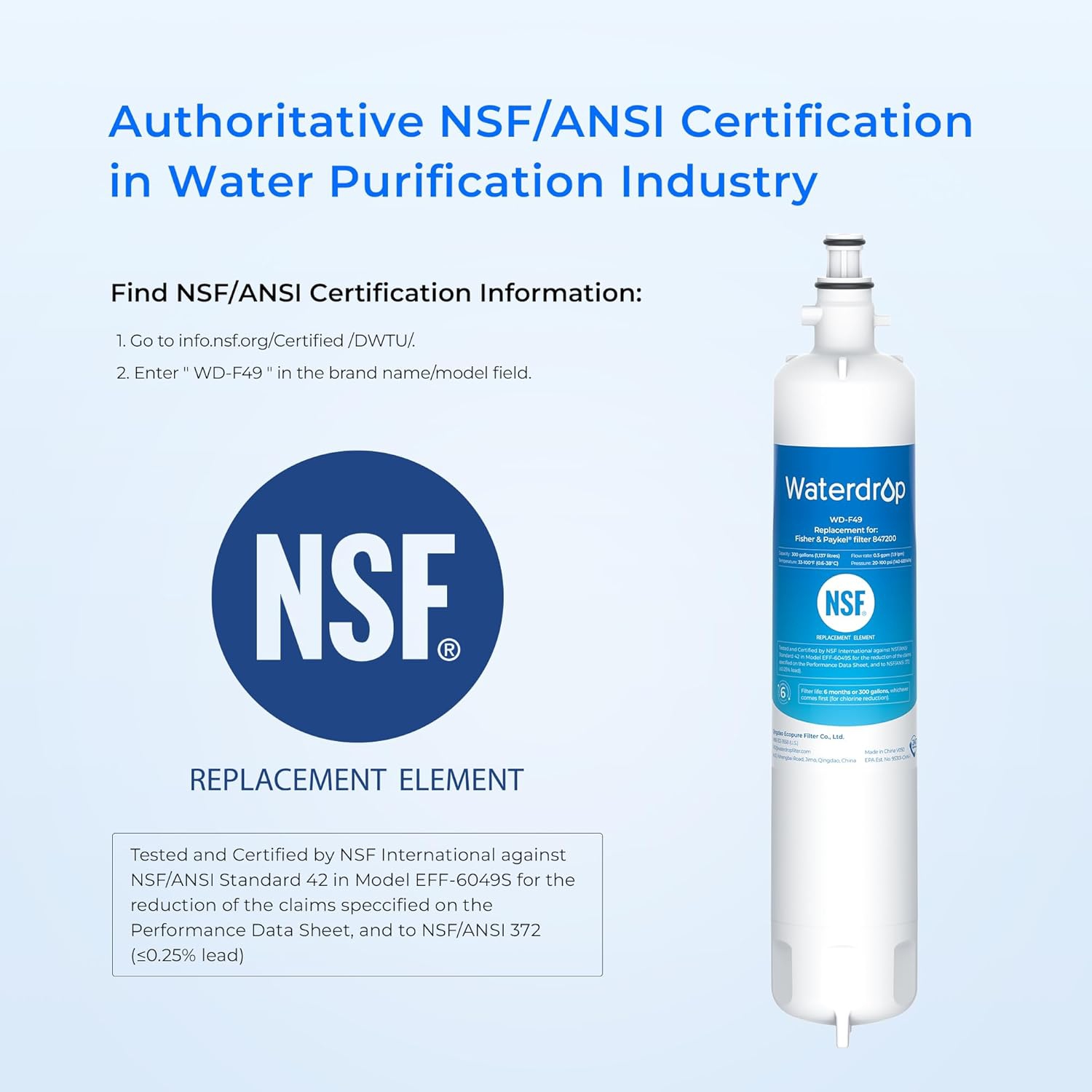 Waterdrop 847200 Refrigerator Water Filter Replacement for Fisher & Paykel Water Filter 847200, 3 Filters