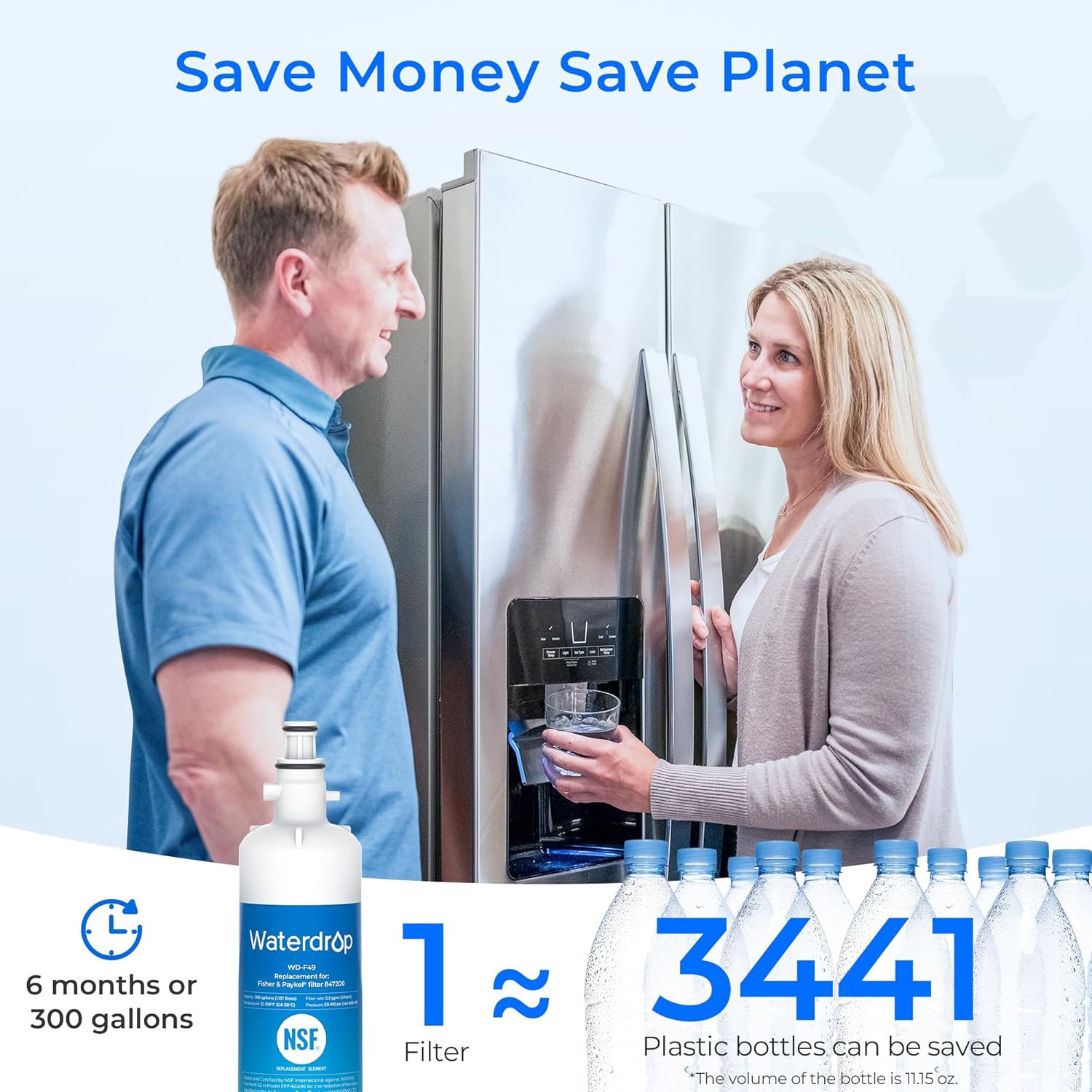 Waterdrop 847200 Refrigerator Water Filter Replacement for Fisher & Paykel Water Filter 847200, 3 Filters